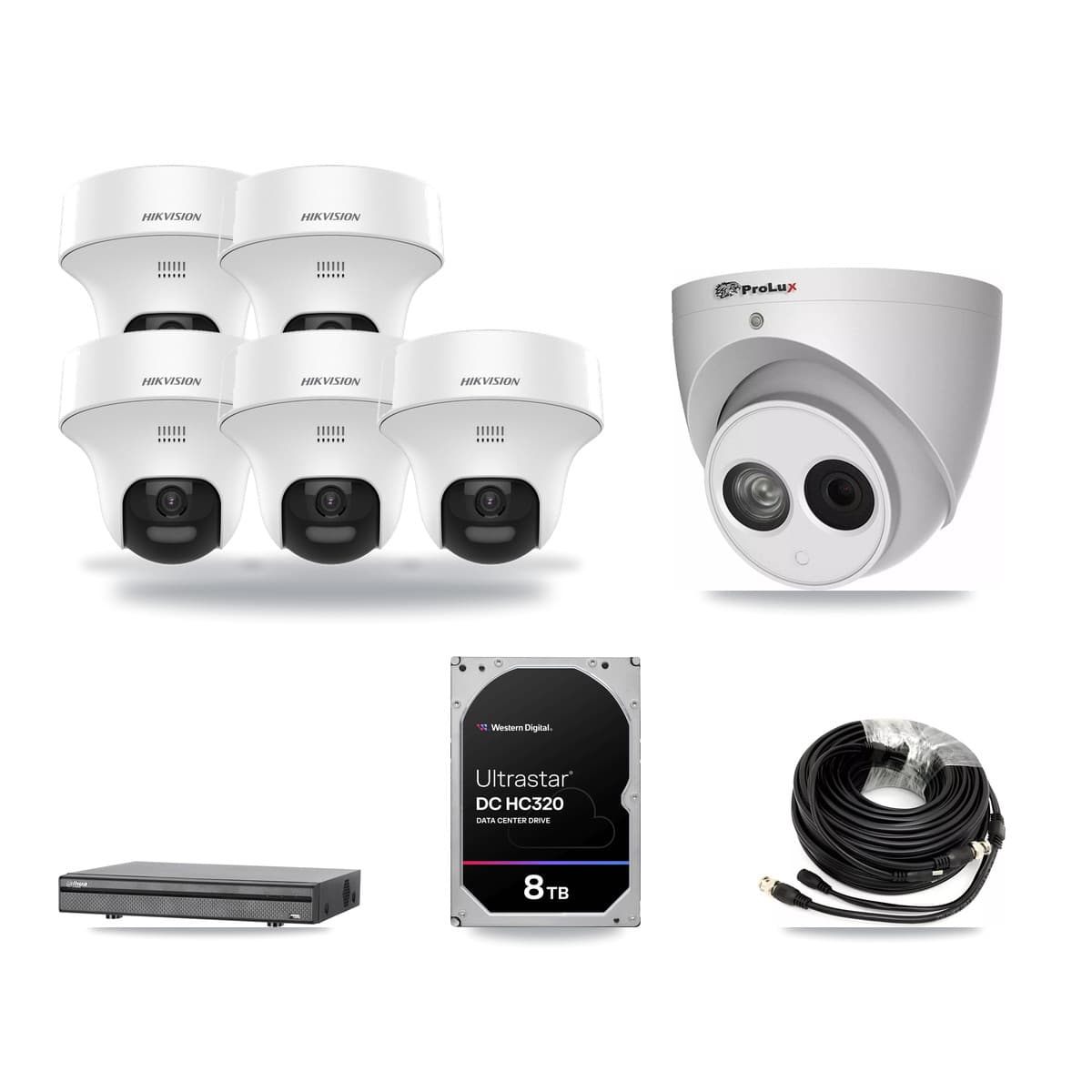 8-Channel 4MP – 5MP CCTV Kit — 5 DS-2CE70K0T 5MP + 1 PXC-612C4W-A 4MP Turret Cameras + 8TB Recording (DH-XVR5108H Recorder) - Image 1