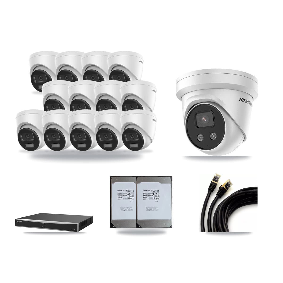 Hikvision 16-Channel 5MP – 4K CCTV Kit — 13 DS-2CD1383G2-LIUF/SL 4K + 1 DS-2CD3356G2-ISU 5MP Turret Cameras + 2× 14TB Recording (DS-7616NXI-K2/16P(E) Recorder) - Image 1