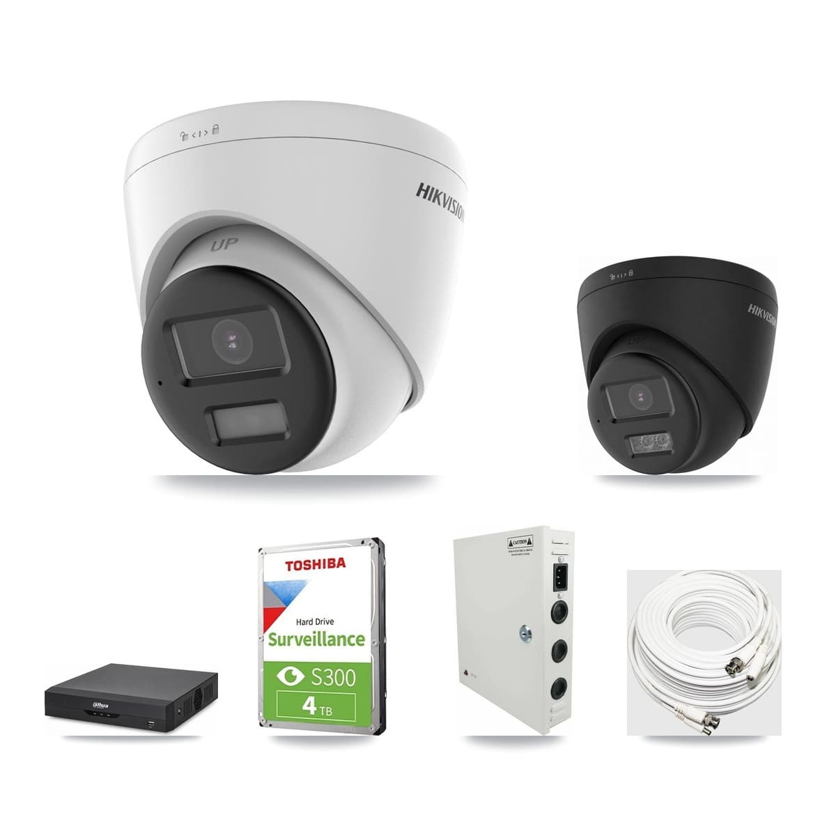 Hikvision & Dahua 4-Channel 5MP – 4K CCTV Kit — 1 DS-2CE78K0T-LPTS 5MP + 1 Black DS-2CE78U0T-LTS-BLACK 4K Turret Cameras + 4TB Recording (DH-XVR5104HS-4KL-I2 Recorder) - Image 1
