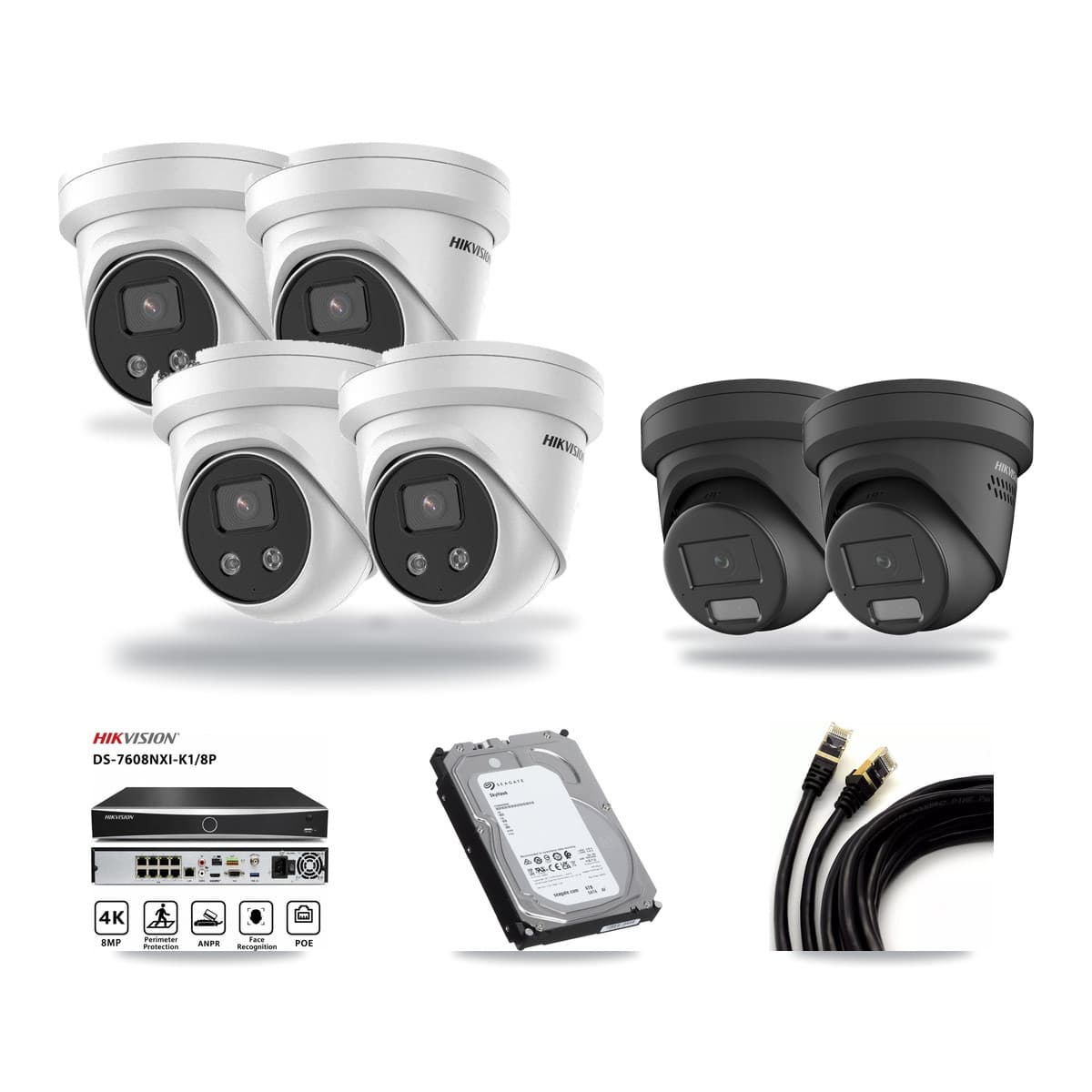 Hikvision 8-Channel 4MP – 5MP CCTV Kit — 2 Black 4MP + 4 5MP Turret Cameras + 6TB Recording (DS-7608NXI Recorder) - Image 1