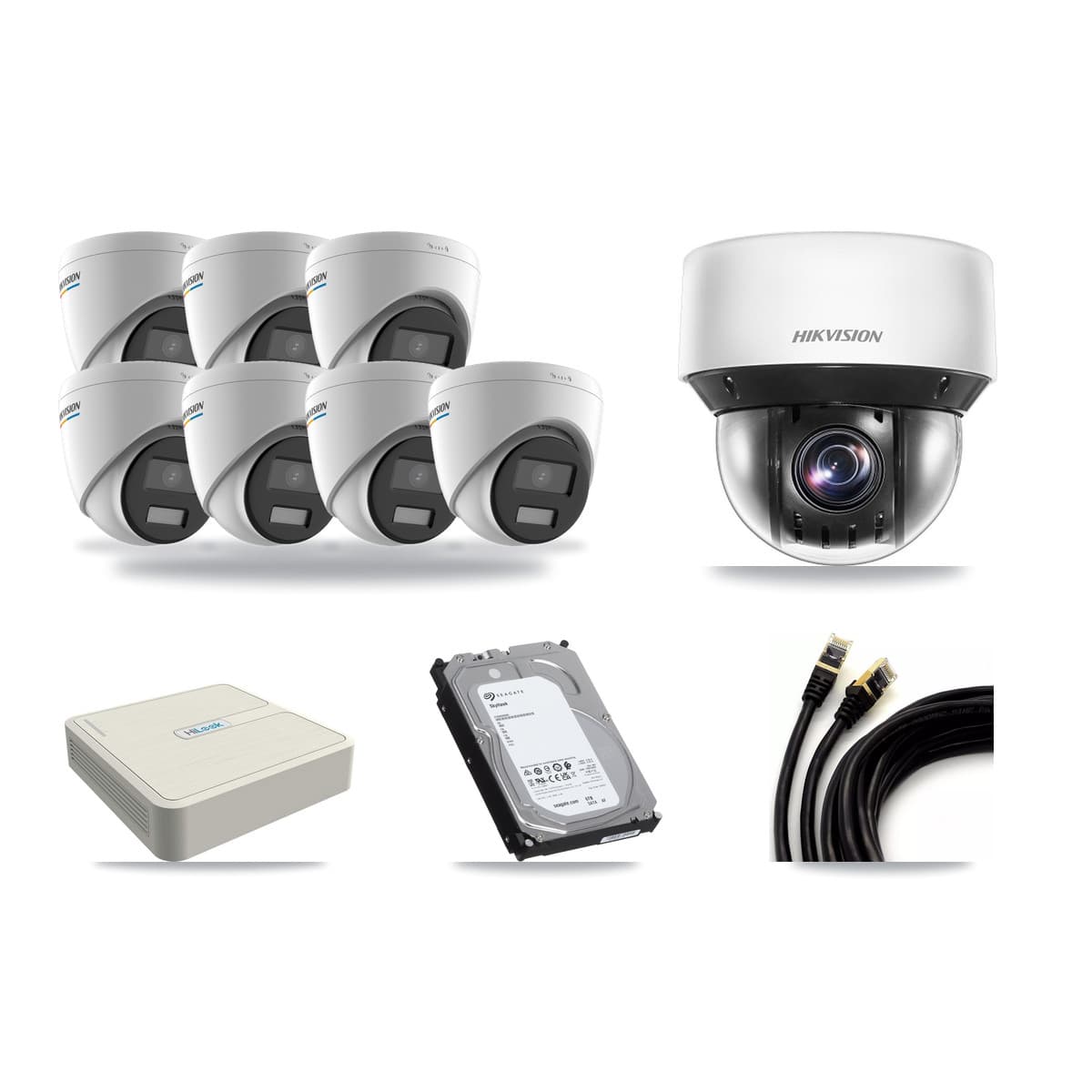 HiLook 8-channel CCTV kit: 8 cameras (7× 2MP Turret + 1× 4MP PTZ), 6TB hard drive
