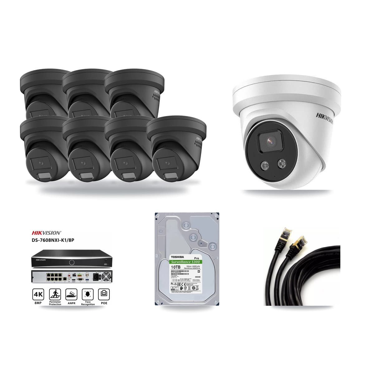 Hikvision 8-Channel 4MP – 5MP CCTV Kit — 7 Black 4MP + 1 5MP Turret Cameras + 10TB Recording - Image 1