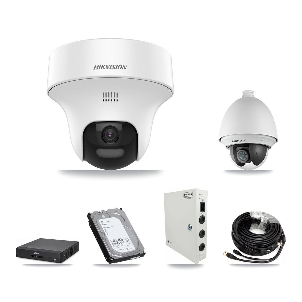 Hikvision & Dahua 4-Channel 2MP – 5MP CCTV Kit — 1 DS-2AE4225T 2MP PTZ + 3 DS-2CE70K0T 5MP Turret Cameras + 6TB Recording