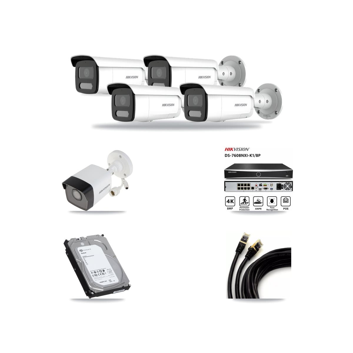 Hikvision 8-Channel 4MP – 5MP CCTV Kit — 1 5MP + 4 4MP Bullet Cameras + 6TB Recording (DS-7608NXI Recorder) - Image 1
