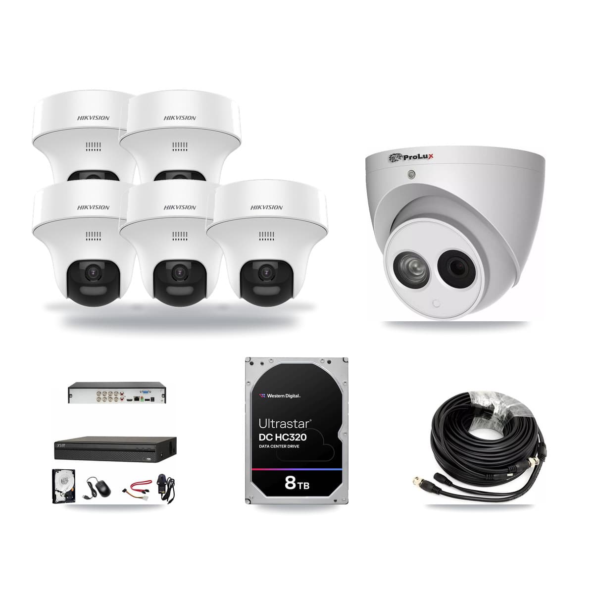 8-Channel 4MP – 5MP CCTV Kit — 5 DS-2CE70K0T 5MP + 1 PXC-612C4W-A 4MP Turret Cameras + 8TB Recording (XVR-3108AD Recorder) - Image 1