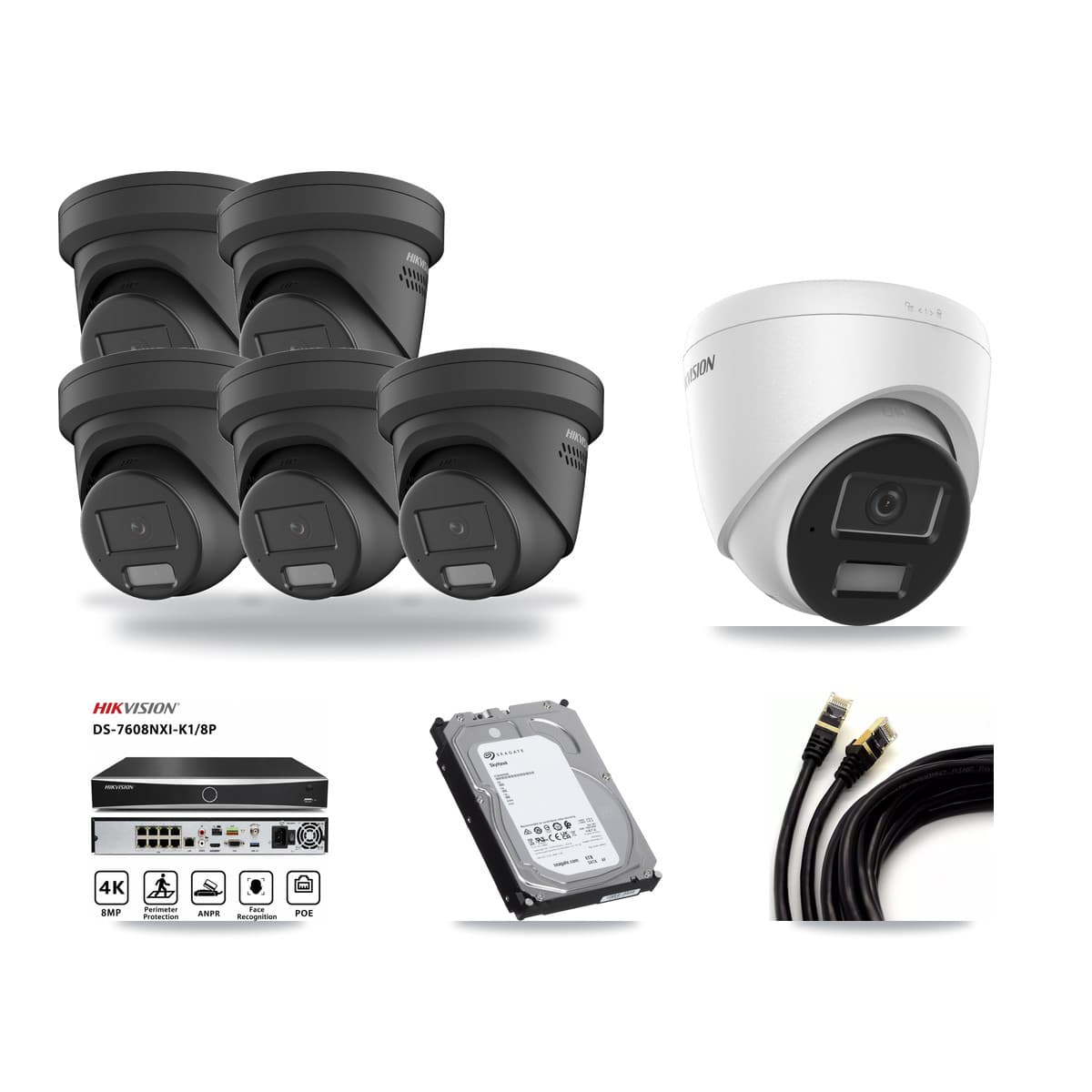 Hikvision 8-Channel 4MP CCTV Kit — 1 DS-2CD1343G2 + 5 Black DS-2CD2347G2 Turret Cameras + 6TB Recording (DS-7608NXI Recorder) - Image 1