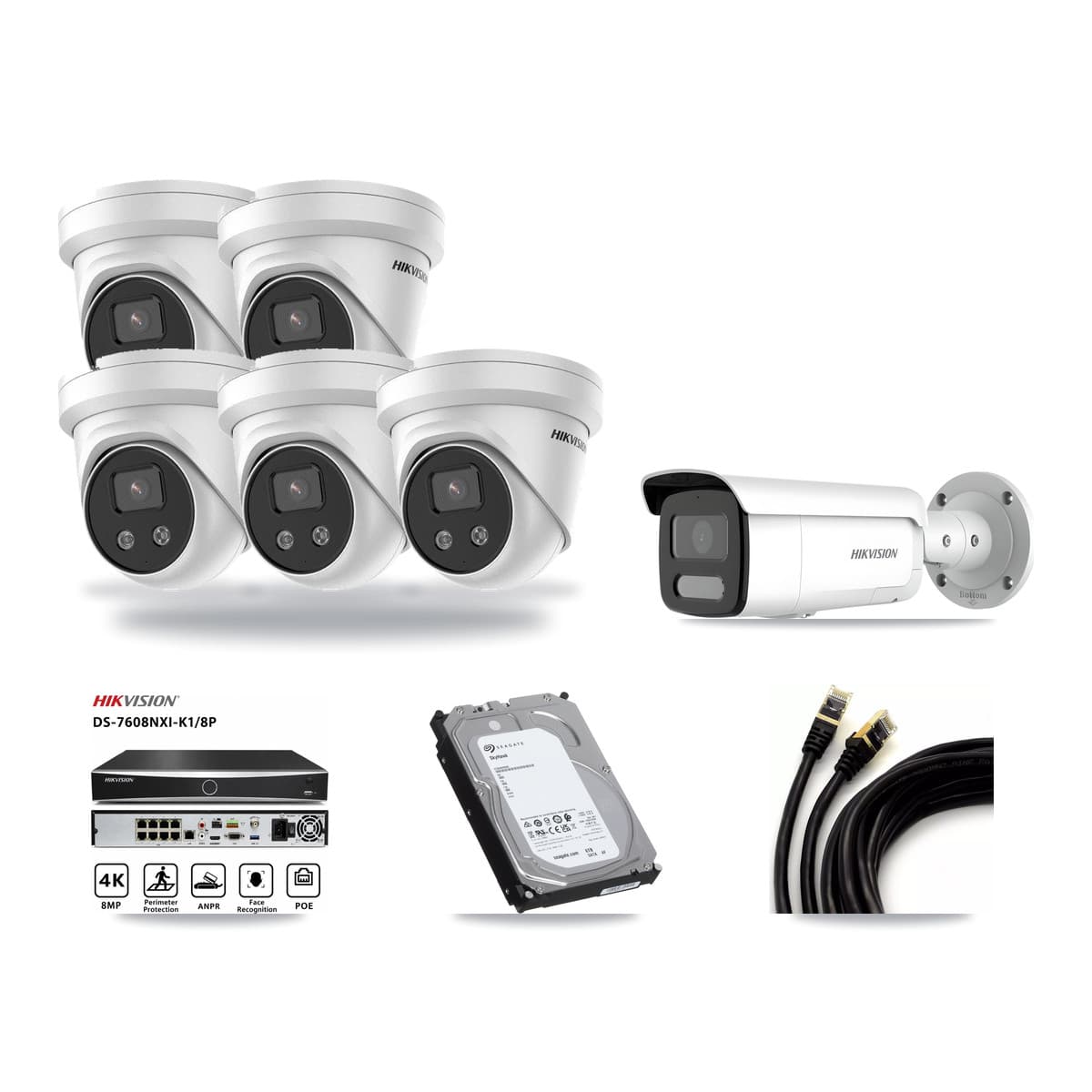 Hikvision 8-Channel 4MP – 5MP CCTV Kit — 1 4MP Bullet + 5 5MP Turret Cameras + 6TB Recording (DS-7608NXI Recorder) - Image 1