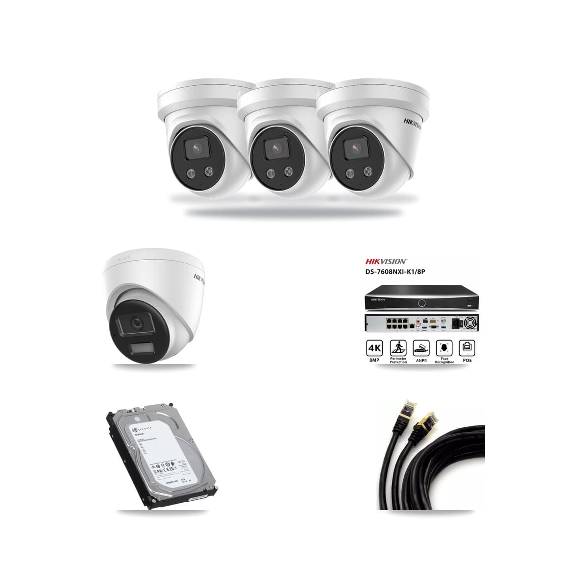 Hikvision 8-Channel 5MP – 4K CCTV Kit — 1 DS-2CD1383G2-LIUF/SL 4K + 3 DS-2CD3356G2-ISU 5MP Turret Cameras + 6TB Recording (DS-7608NXI-K1/8P Recorder) - Image 1