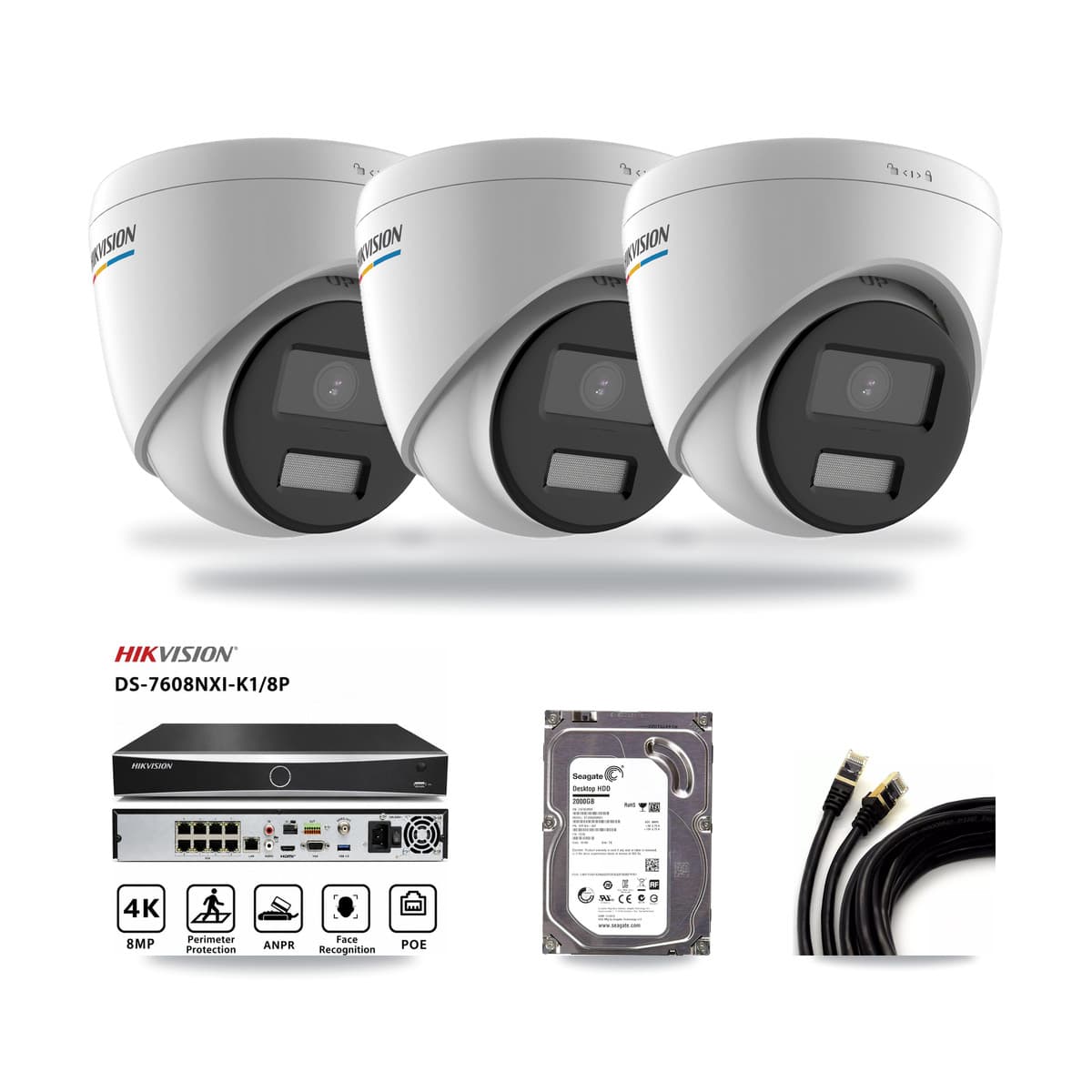 Hikvision 8-Channel 2MP CCTV Kit — 3 Turret Cameras + 2TB Recording (DS-7608NXI Recorder) - Image 1