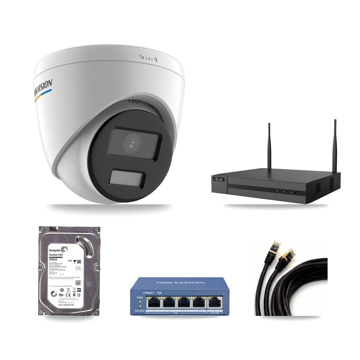 Hikvision & HiLook 4-Channel 2MP – 5MP CCTV Kit — 1 2MP Turret + 1 5MP Dome Cameras + 2TB Recording