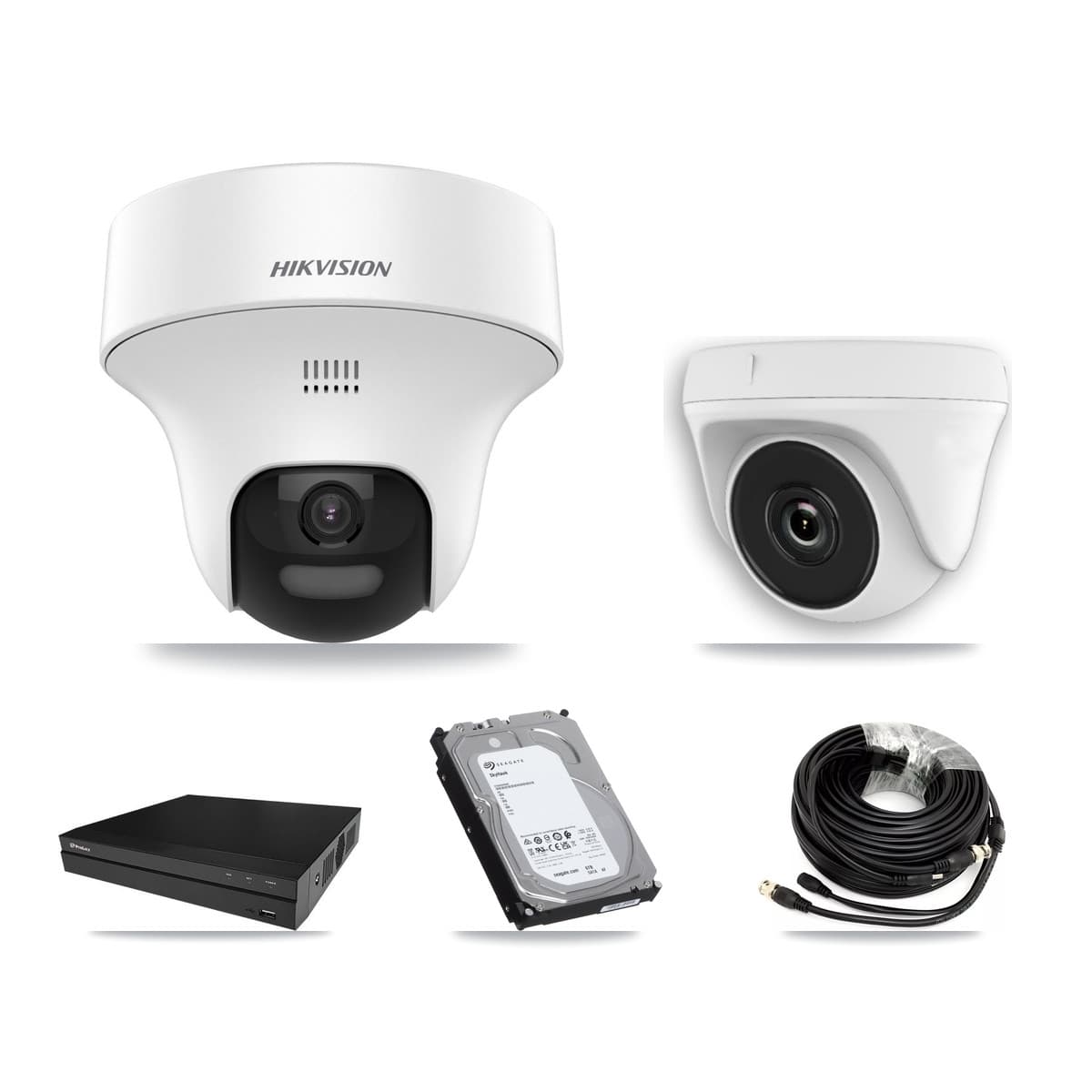 Hikvision & Prolux 8-Channel 2MP – 5MP CCTV Kit — 3 DS-2CE70K0T 5MP Turret + 3 White HDT-2MP-N20W 2MP Dome Cameras + 6TB Recording (PXD-5208AN Recorder)