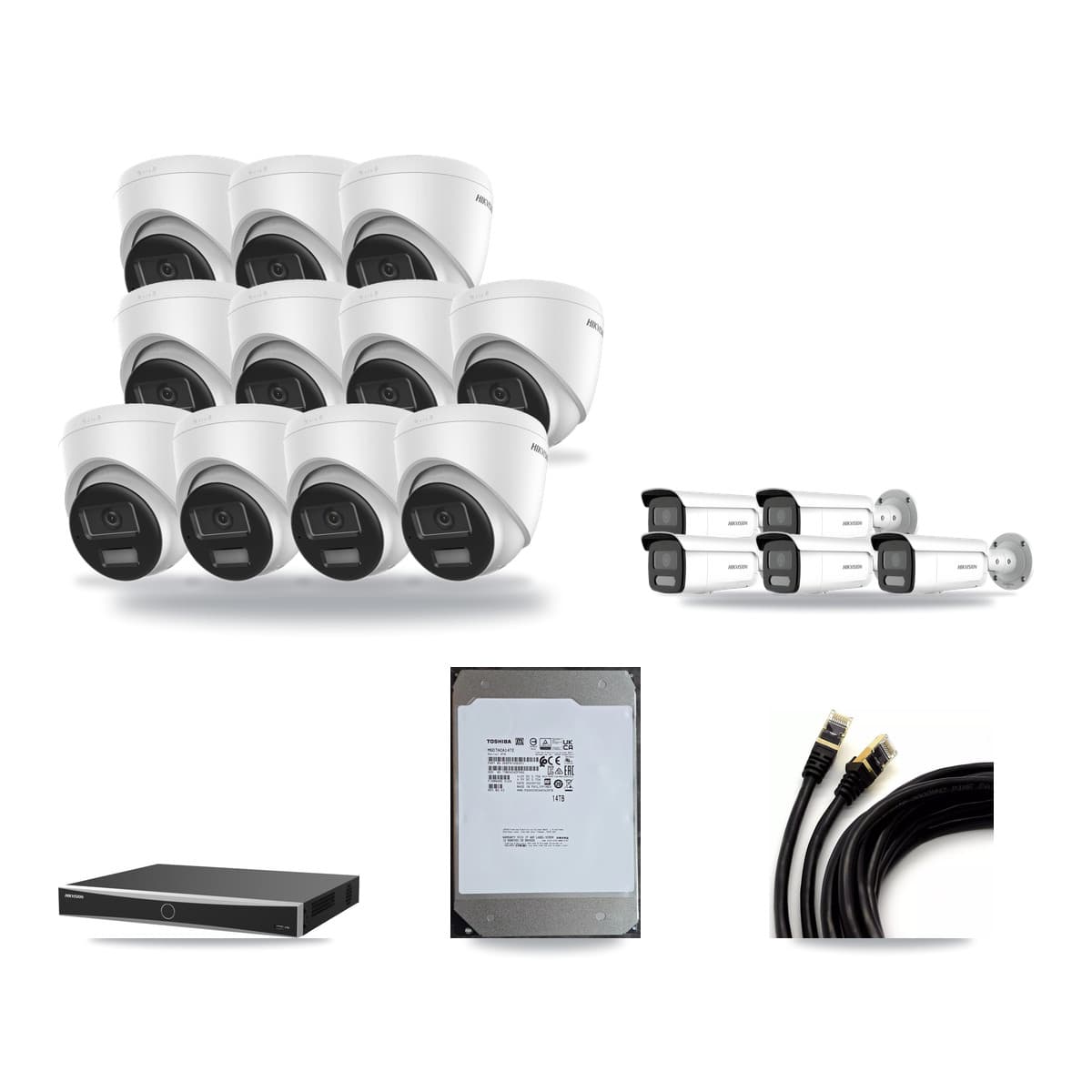Hikvision 16-Channel 4MP – 4K CCTV Kit — 11 DS-2CD1383G2-LIUF/SL 4K Turret + 5 DS-2CD2T47G2H-LISU/SL 4MP Bullet Cameras + 14TB Recording (DS-7616NXI-K2/16P(E) Recorder) - Image 1