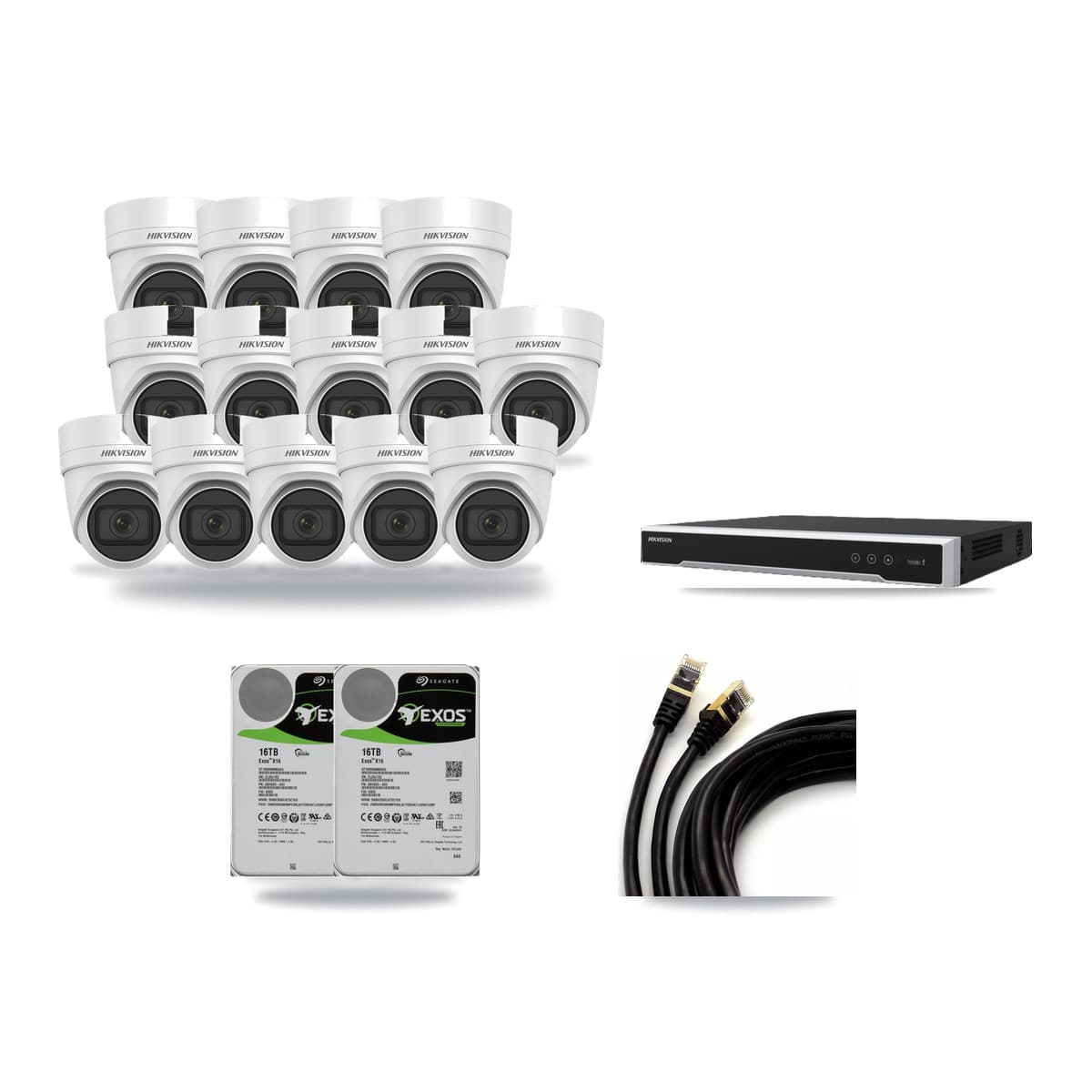Hikvision 16-Channel 4K CCTV Kit — 14 DS-2CD2H83G0 Turret Cameras + 2× 16TB Recording (DS-7616NI-M2 Recorder) - Image 1