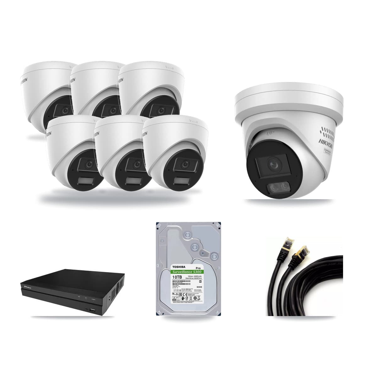 Hikvision & Prolux 8-Channel 4MP CCTV Kit — 6 DS-2CD1343G2 + 1 DS-2CD2347G3 Turret Cameras + 10TB Recording - Image 1