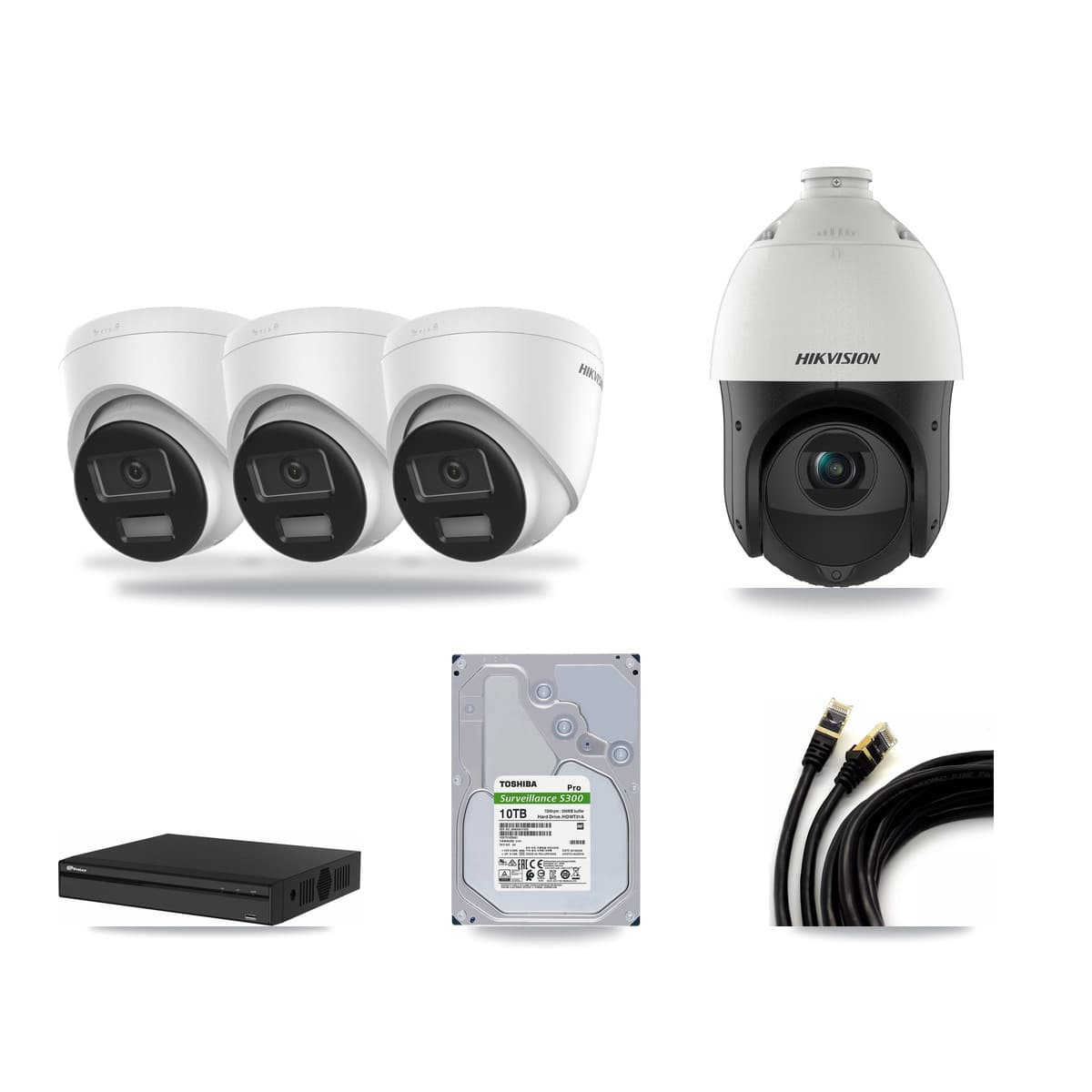 Hikvision & Prolux 4-Channel 4MP – 4K CCTV Kit — 3 4K Turret + 1 4MP PTZ Cameras + 10TB Recording - Image 1