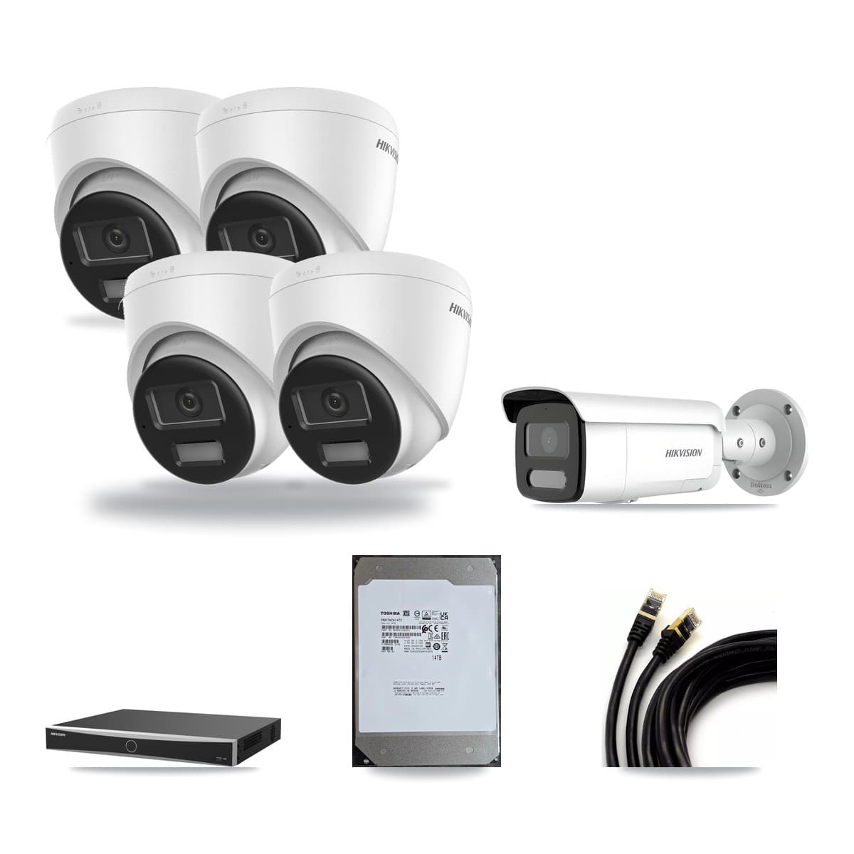 Hikvision 16-Channel 4MP – 4K CCTV Kit — 4 DS-2CD1383G2-LIU 4K Turret + 1 DS-2CD2T47G2H-LISU/SL 4MP Bullet Cameras + 14TB Recording (DS-7616NXI-K2/16P(E) Recorder) - Image 1