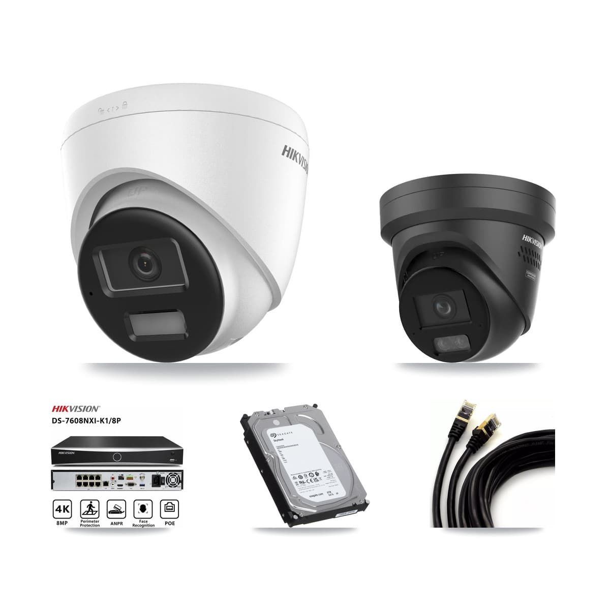 Hikvision 8-Channel 4K CCTV Kit — 1 DS-2CD1383G2 + 1 Black DS-2CD2387G3 Turret Cameras + 6TB Recording (DS-7608NXI Recorder)