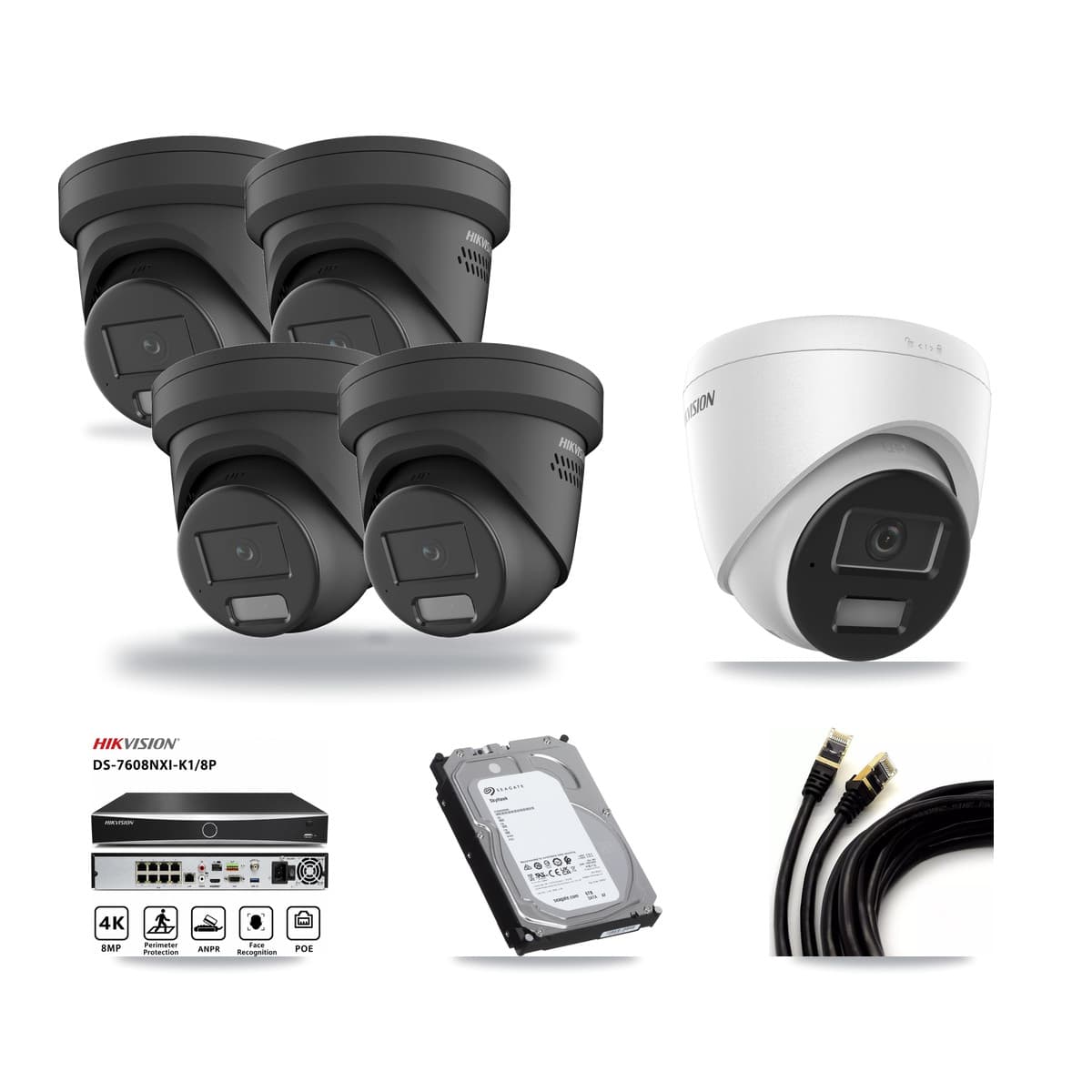 Hikvision 8-Channel 4MP CCTV Kit — 1 DS-2CD1343G2 + 4 Black DS-2CD2347G2 Turret Cameras + 6TB Recording (DS-7608NXI Recorder) - Image 1