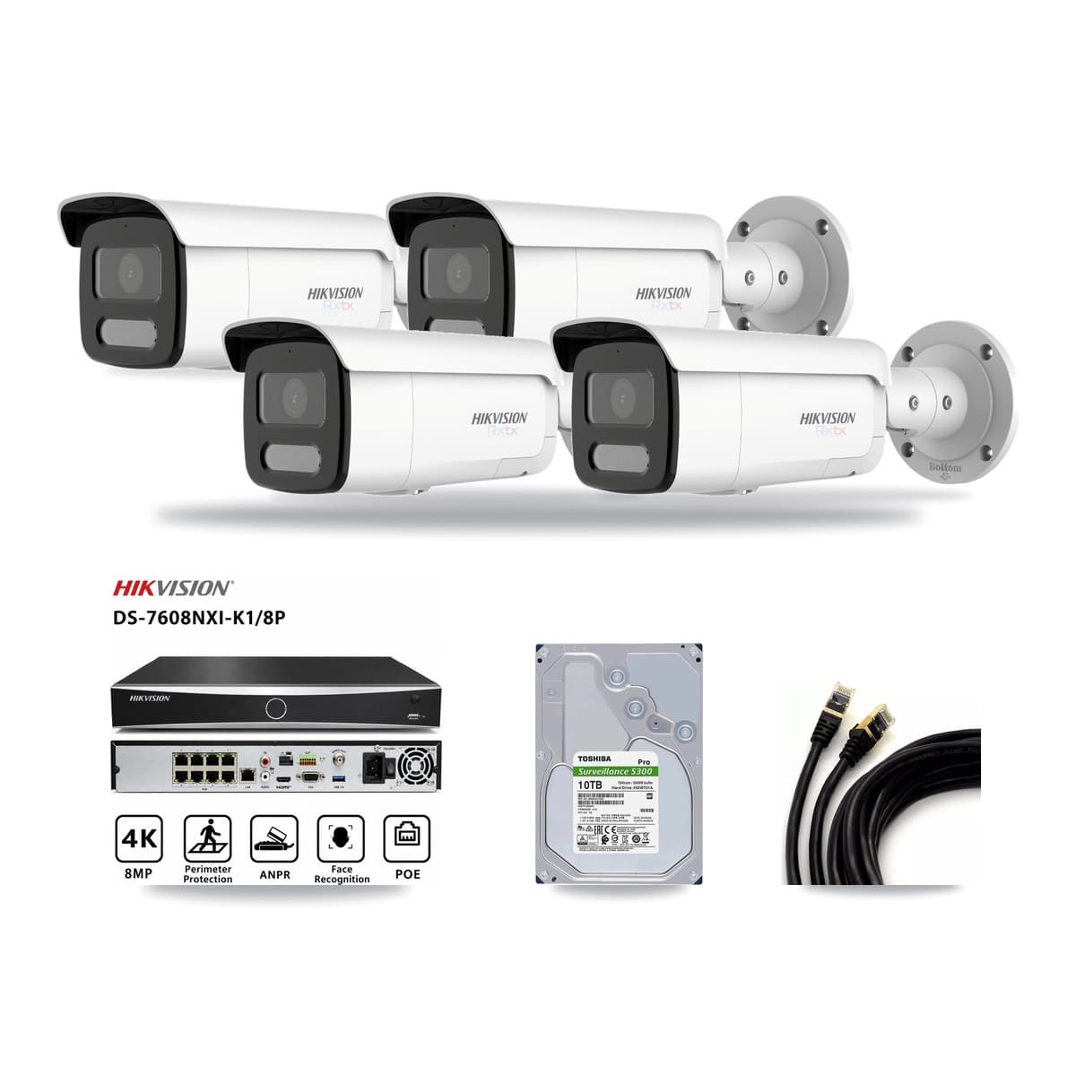 Hikvision 8-Channel 4K CCTV Kit — 4 White Bullet Cameras + 10TB Recording (DS-7608NXI Recorder) - Image 1
