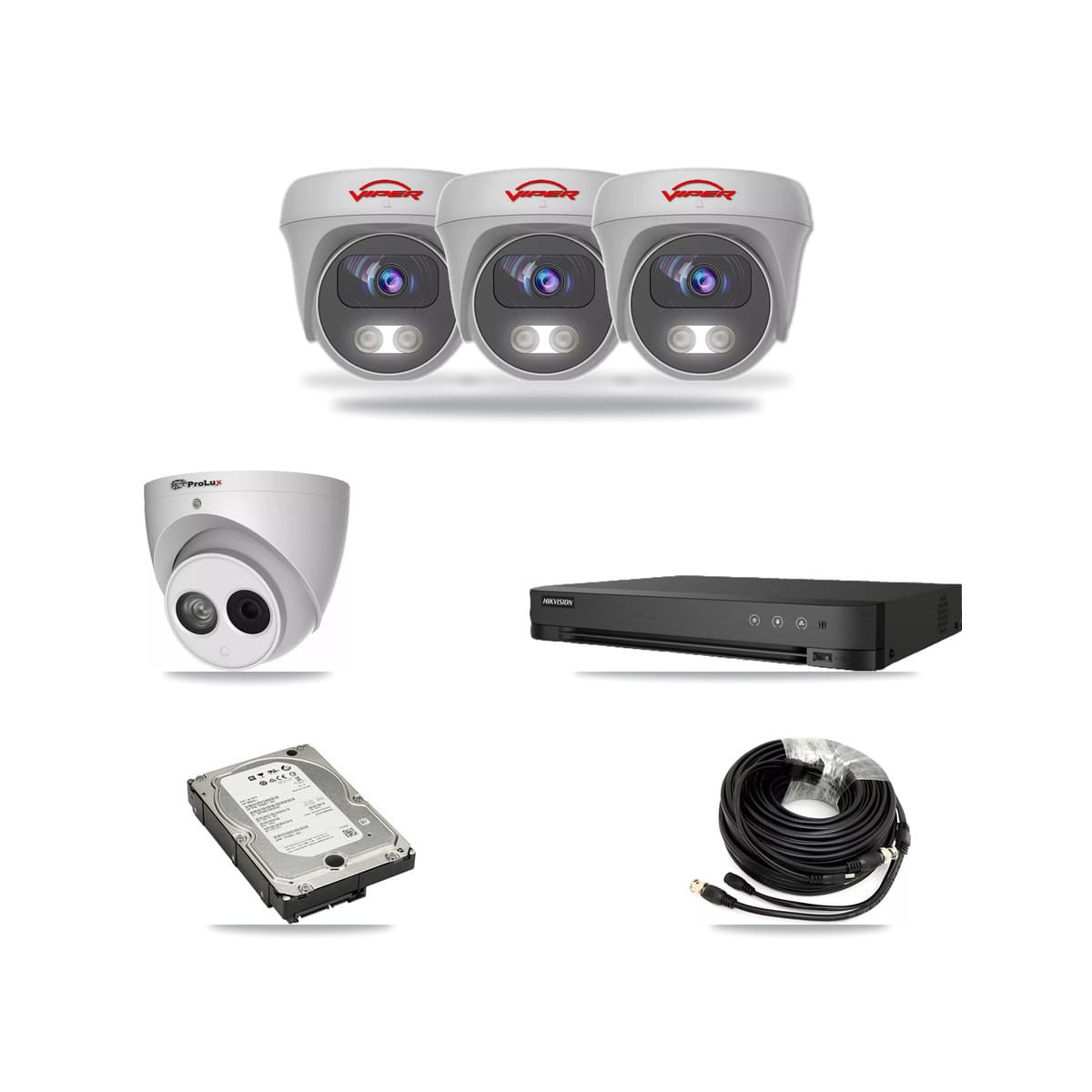 8-Channel 4MP – 5MP CCTV Kit — 1 PXC-612C4W-A-POC 4MP Turret + 3 White VIPER-5MP-3K-AOC-WHITE-2.8MM 5MP Cameras + 5TB Recording (IDS-7208HUHI-M1/E Recorder) - Image 1