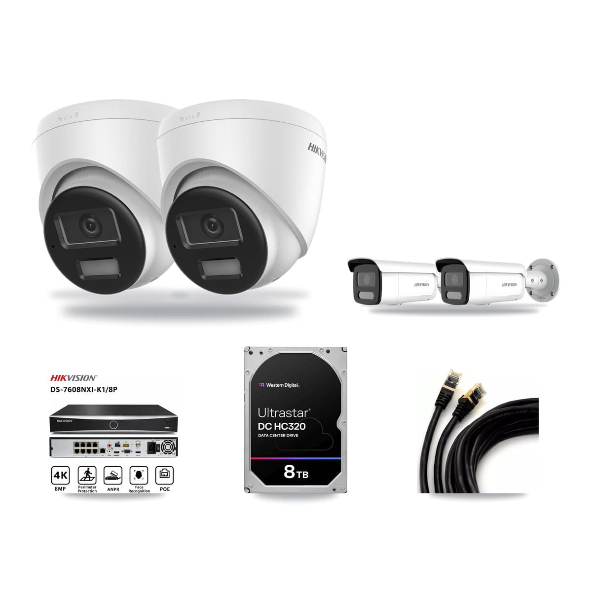 Hikvision 8-Channel 4MP – 4K CCTV Kit — 2 DS-2CD1383G2-LIU 4K Turret + 2 DS-2CD2T47G2H-LISU/SL 4MP Bullet Cameras + 8TB Recording (DS-7608NXI-K1/8P Recorder) - Image 1