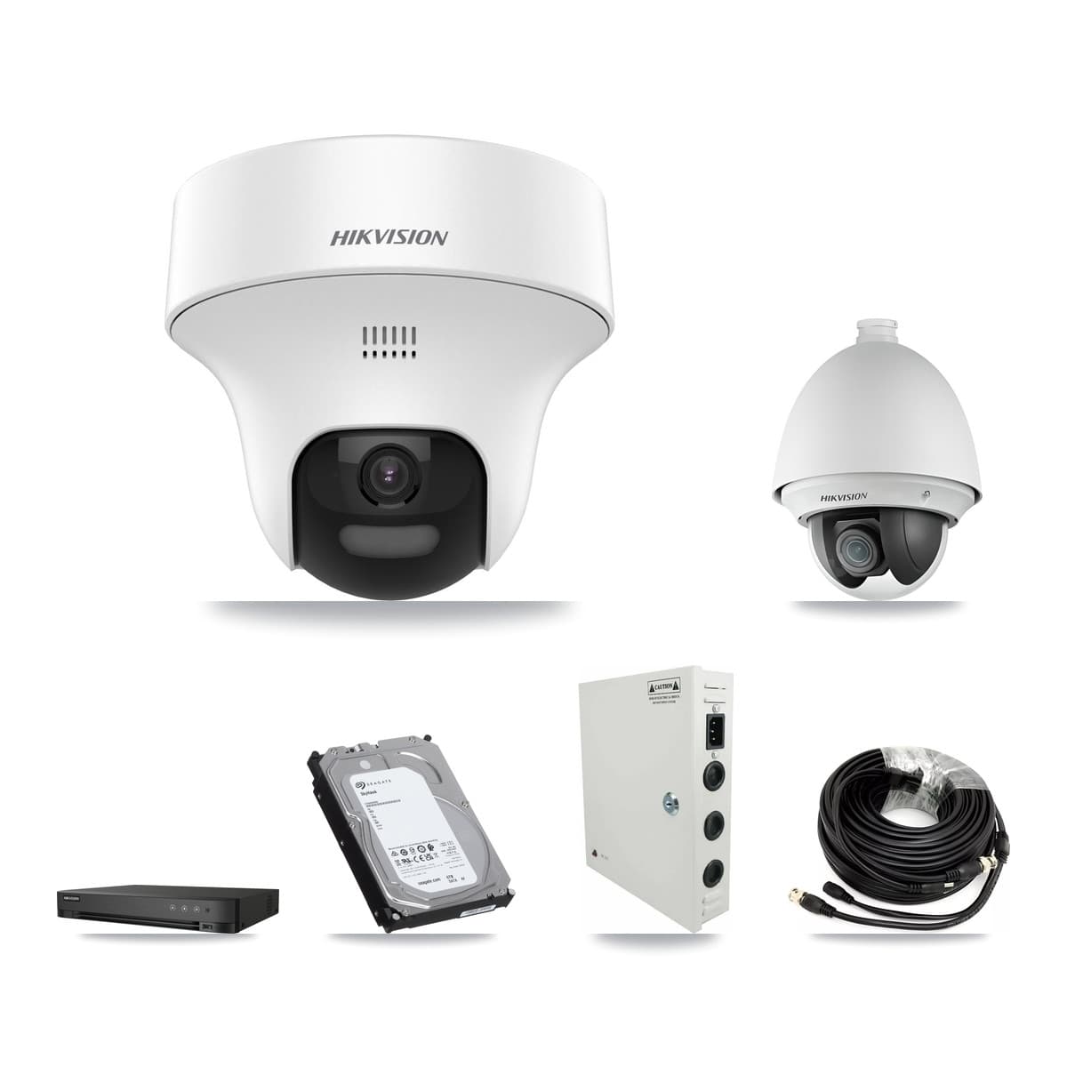 Hikvision 4-Channel 2MP – 5MP CCTV Kit — 1 DS-2AE4225T 2MP PTZ + 3 DS-2CE70K0T 5MP Turret Cameras + 6TB Recording (IDS-7204HUHI Recorder)