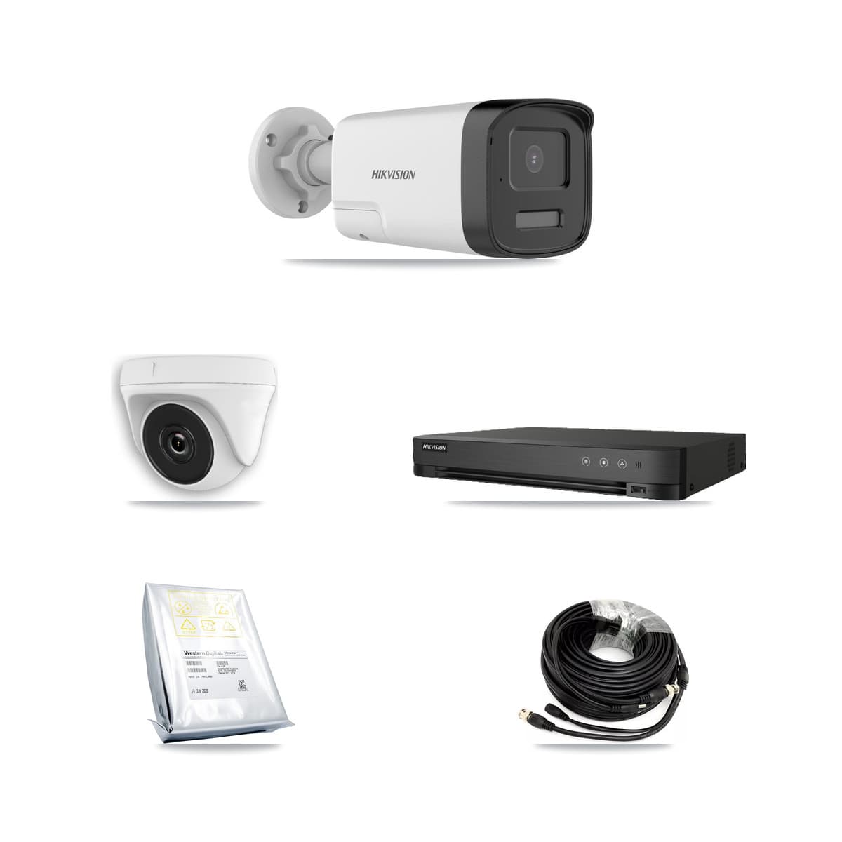 Hikvision 8-Channel 2MP – 5MP CCTV Kit — 4 DS-2CE17K0T-LXTS 5MP Bullet + 4 White HDT-2MP-N20W-2.8MM 2MP Dome Cameras + 8TB Recording (IDS-7208HUHI-M1/E Recorder)