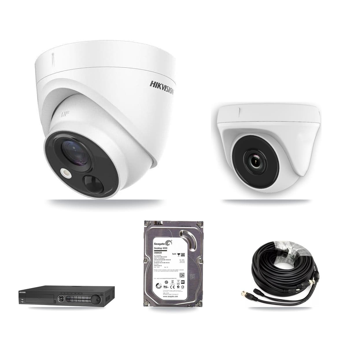 Hikvision 32-Channel 2MP – 5MP CCTV Kit — 1 DS-2CE71H0T 5MP Turret + 1 White HDT-2MP-N20W 2MP Dome Cameras + 2TB Recording (IDS-7332HUHI Recorder) - Image 1