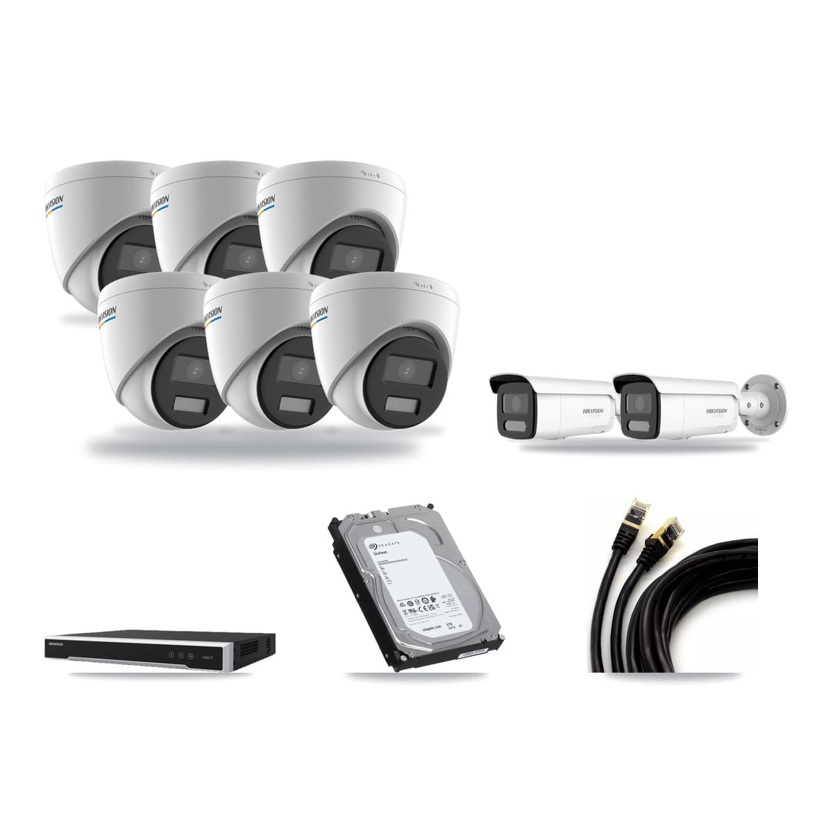 Hikvision 8-Channel 2MP – 4K CCTV Kit — 6 2MP Turret + 2 White 4K Bullet Cameras + 6TB Recording (DS-7608NI-M2 Recorder) - Image 1