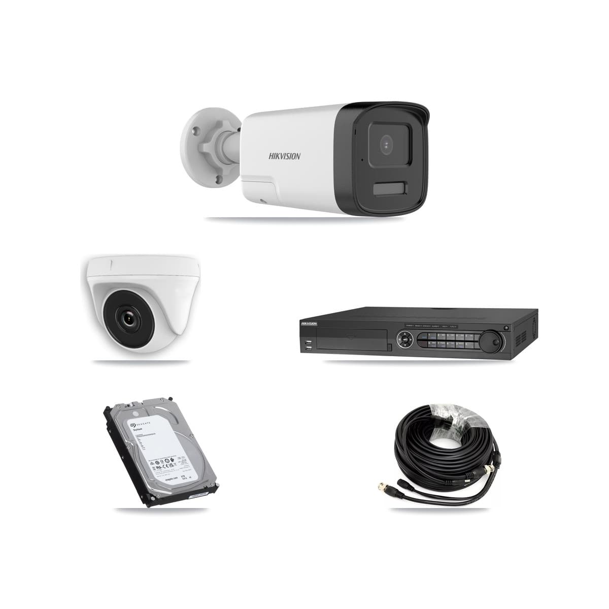 Hikvision 32-Channel 2MP – 5MP CCTV Kit — 4 DS-2CE17K0T 5MP Bullet + 1 White HDT-2MP-N20W 2MP Dome Cameras + 6TB Recording (DS-7332HQHI Recorder)