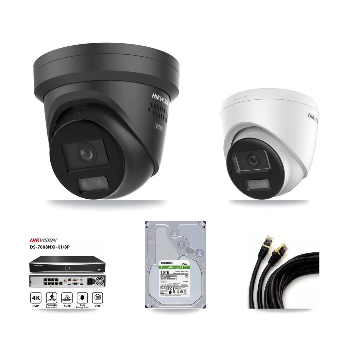 Hikvision 8-Channel 4K CCTV Kit — 2 DS-2CD1383G2 + 4 DS-2CD2387G3 Turret Cameras + 10TB Recording