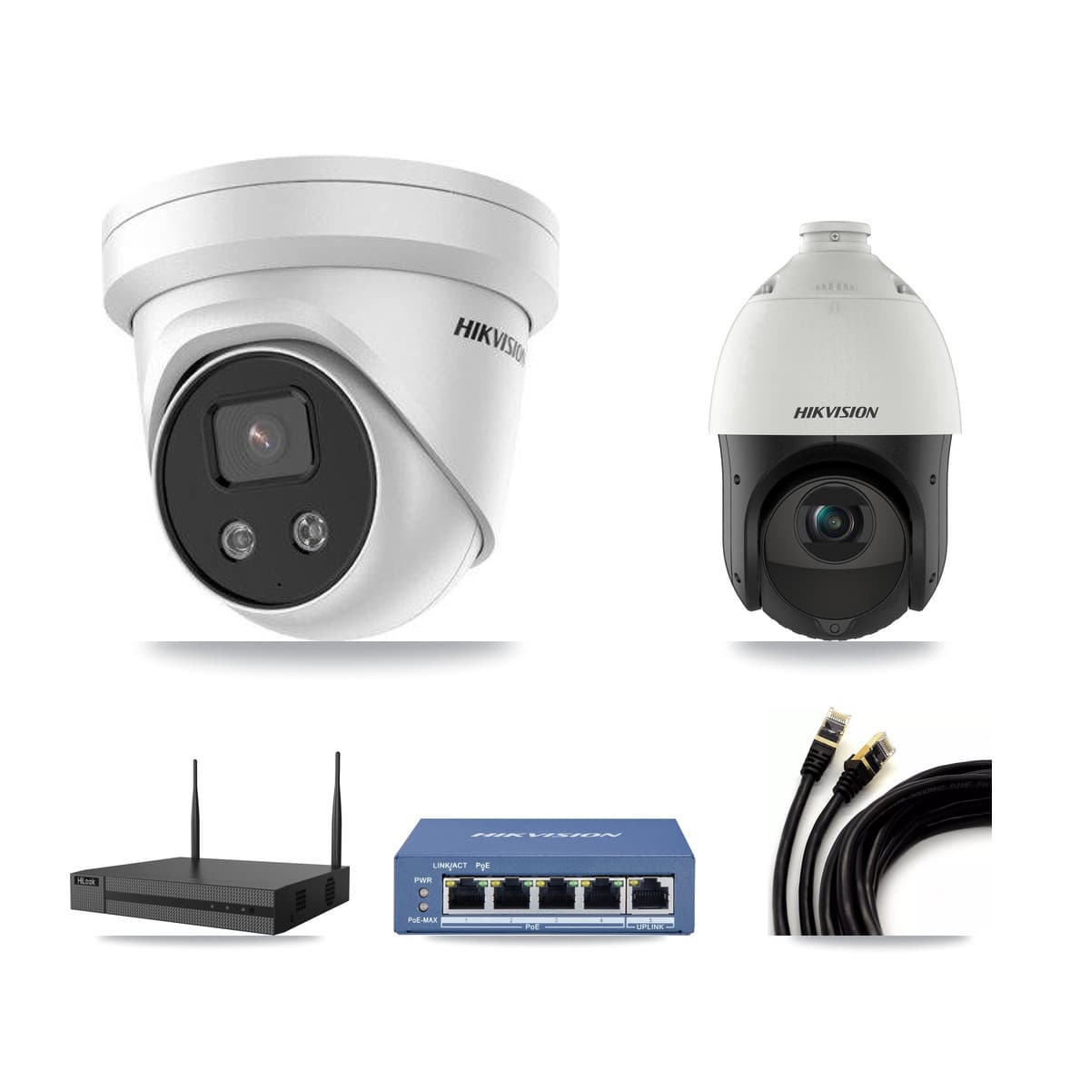 Hikvision & HiLook 4-Channel 4MP – 5MP CCTV Kit — 1 5MP Turret + 1 4MP PTZ Cameras + 3TB Recording