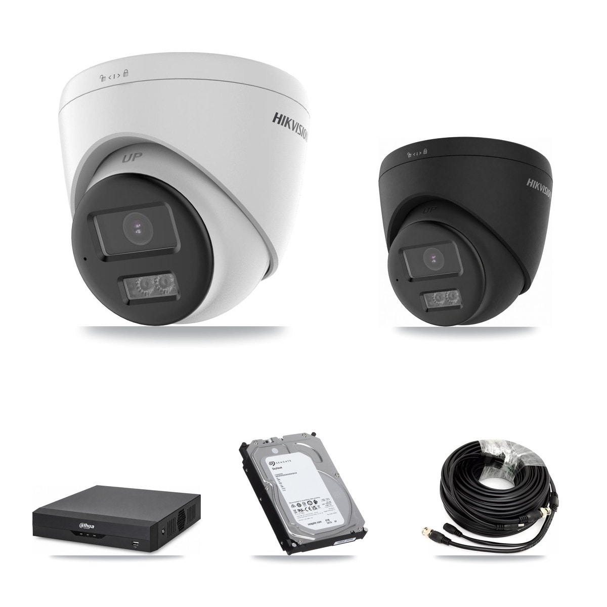 Hikvision & Dahua 4-Channel 5MP – 4K CCTV Kit — 2 DS-2CE78K0T-LTS 5MP + 1 Black DS-2CE78U0T-LTS-BLACK 4K Turret Cameras + 6TB Recording (DH-XVR5104HS-4KL-I2 Recorder)