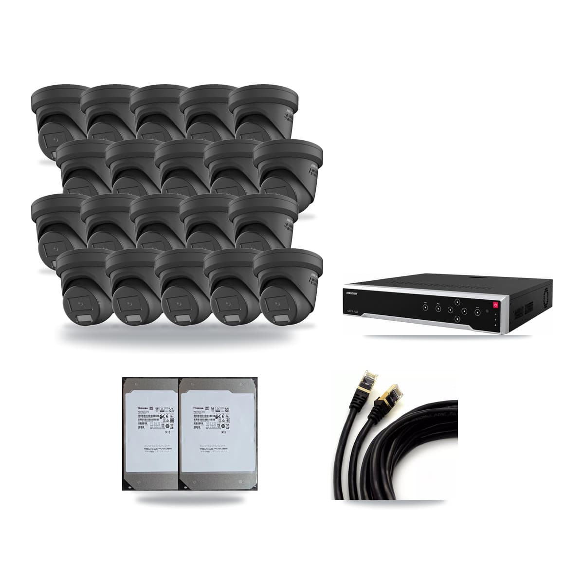 Hikvision 32-Channel 4MP CCTV Kit — 20 Black Turret Cameras + 2× 14TB Recording - Image 1