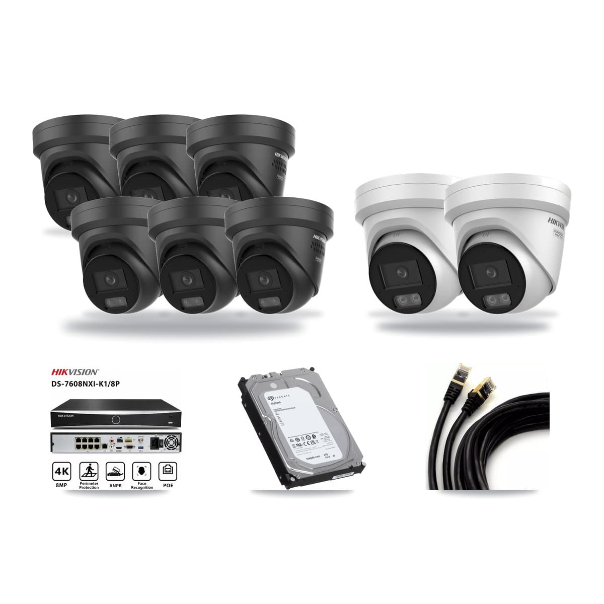Hikvision 8-channel CCTV kit: 8 cameras (6× 4K Black Turret + 2× 4K Turret), 6TB hard drive