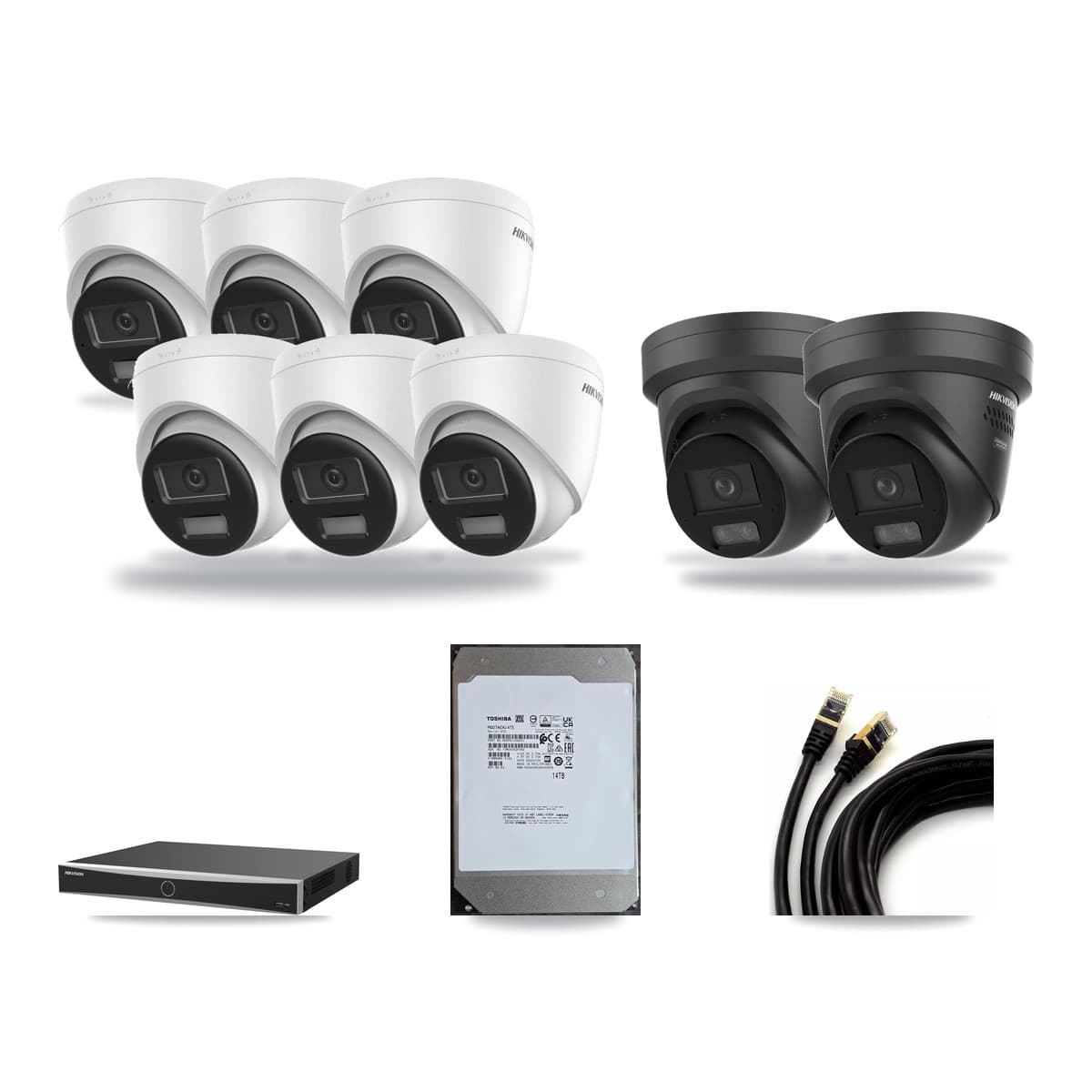 Hikvision 16-Channel 4K CCTV Kit — 6 DS-2CD1383G2 + 2 Black DS-2CD2387G3 Turret Cameras + 14TB Recording (DS-7616NXI Recorder) - Image 1