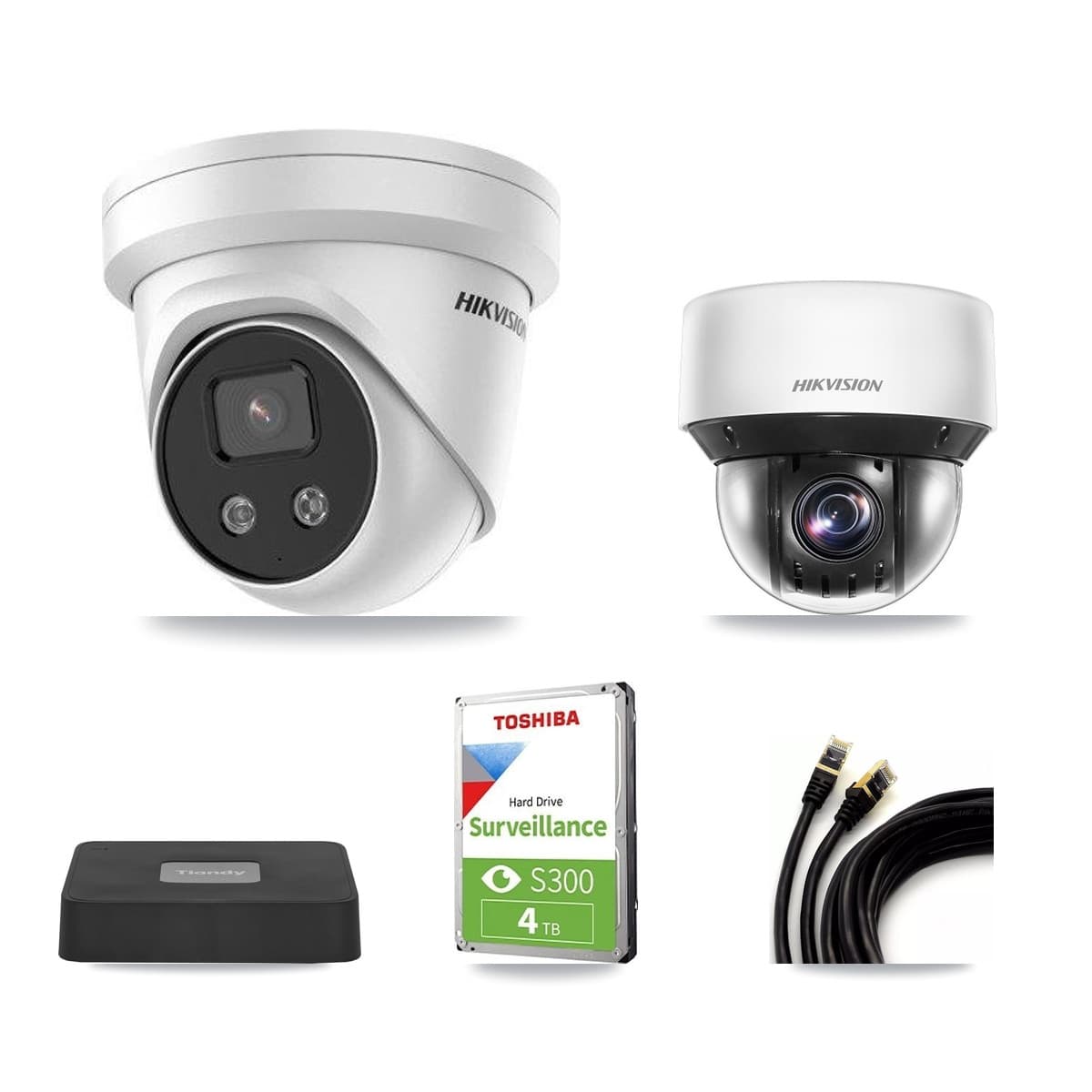 Hikvision & Tiandy 4-Channel 4MP – 5MP CCTV Kit — 2 DS-2CD3356G2 5MP Turret + 1 DS-2DE4A425IW 4MP PTZ Cameras + 4TB Recording - Image 1