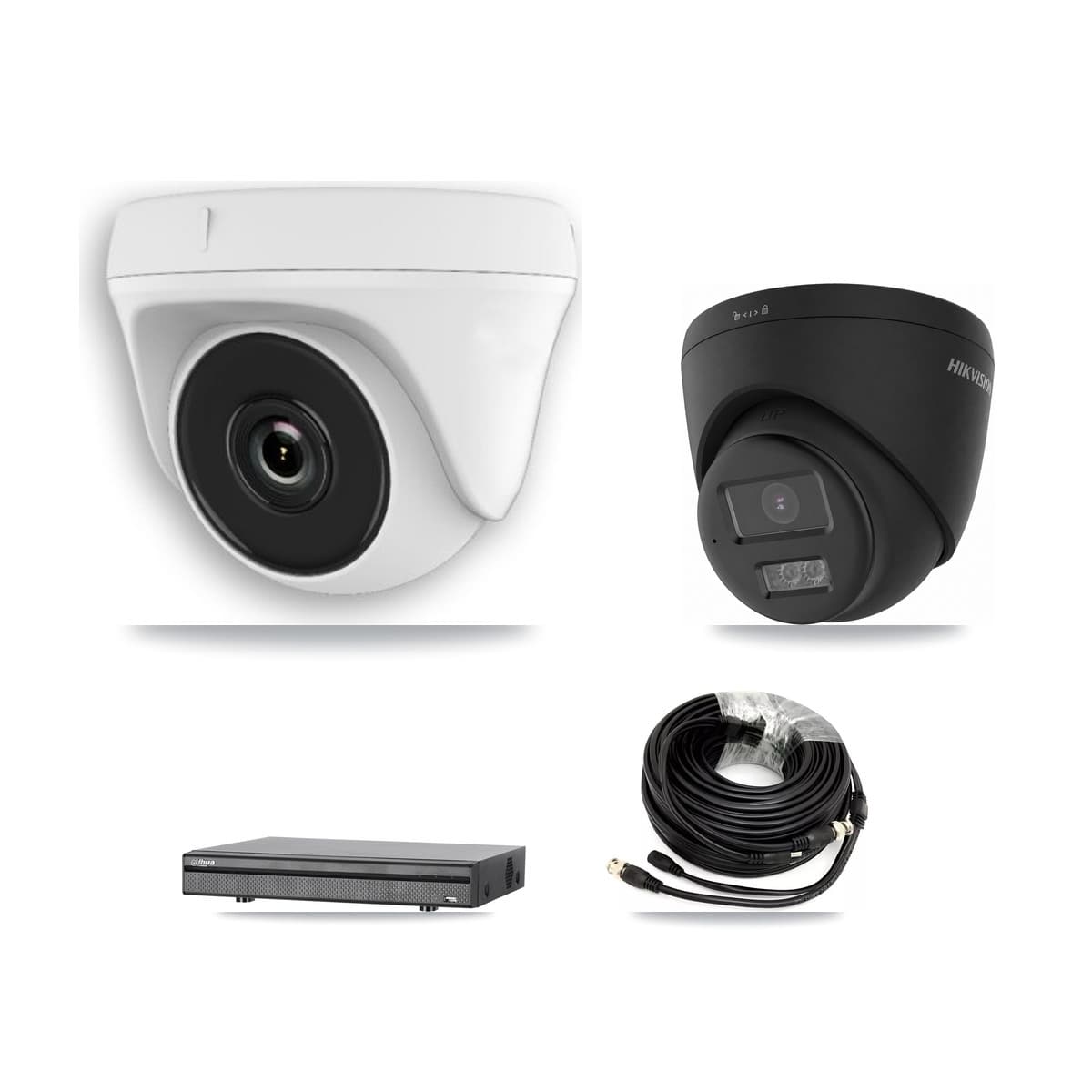 Hikvision & Dahua 8-Channel 2MP – 4K CCTV Kit — 2 Black 4K Turret + 5 White 2MP Dome Cameras + 8TB Recording (DH-XVR5108H Recorder)