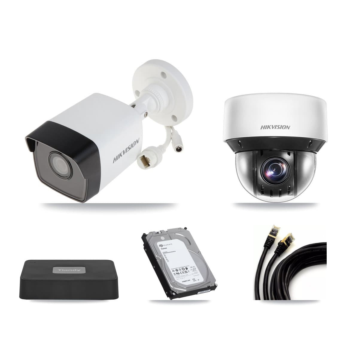 Hikvision & Tiandy 4-Channel 4MP – 5MP CCTV Kit — 3 DS-2CD1053G0 5MP Bullet + 1 DS-2DE4A425IW 4MP PTZ Cameras + 6TB Recording