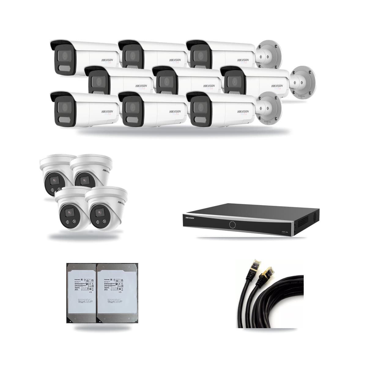 Hikvision 16-channel CCTV kit: 13 cameras (9× 4K Bullet + 4× 5MP Turret), 2× 14TB hard drive