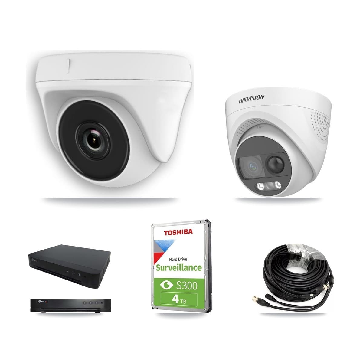 Hikvision & Prolux 16-Channel 2MP – 5MP CCTV Kit — 1 DS-2CE72KF3T 5MP Turret + 4 White HDT-2MP-N20W 2MP Dome Cameras + 4TB Recording