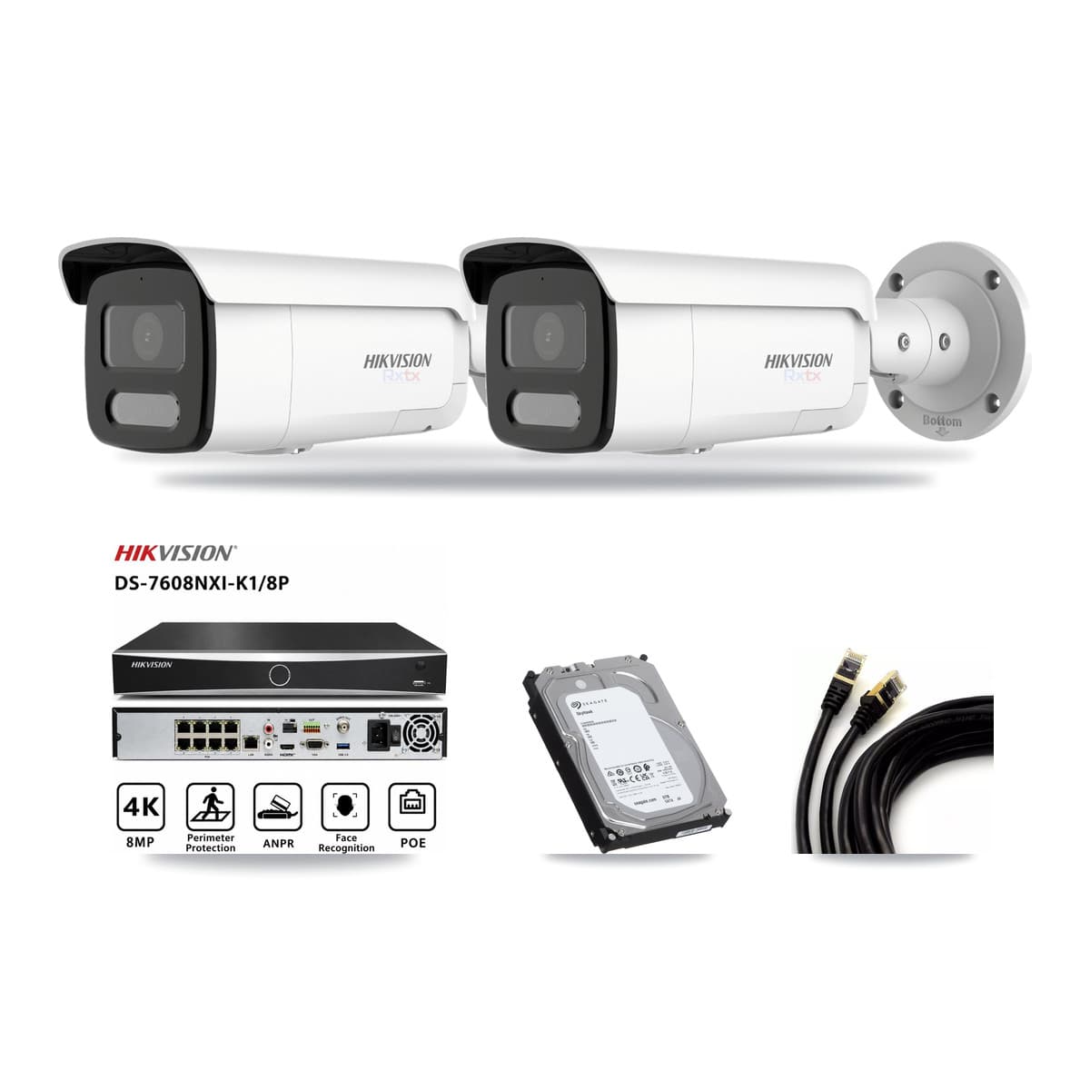 Hikvision 8-channel CCTV kit: 2 cameras (2× 4K Bullet), 6TB hard drive