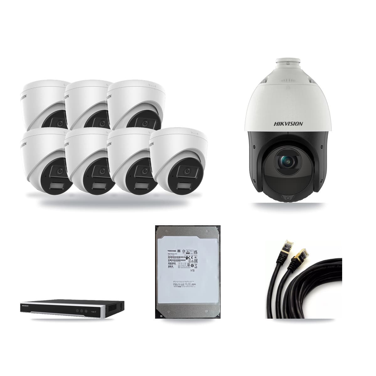 Hikvision 16-Channel 4MP CCTV Kit — 7 Turret + 1 PTZ Cameras + 14TB Recording (DS-7616NI-M2 Recorder) - Image 1