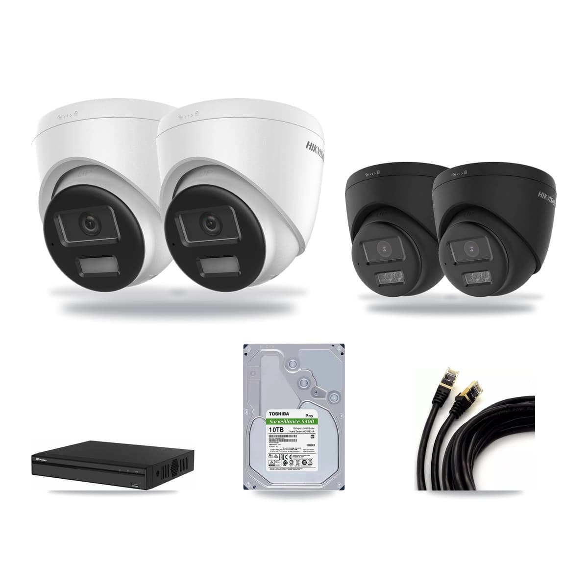 Hikvision & Prolux 4-Channel 4K CCTV Kit — 2 DS-2CD1383G2 + 2 Black DS-2CD1383G2 Turret Cameras + 10TB Recording - Image 1