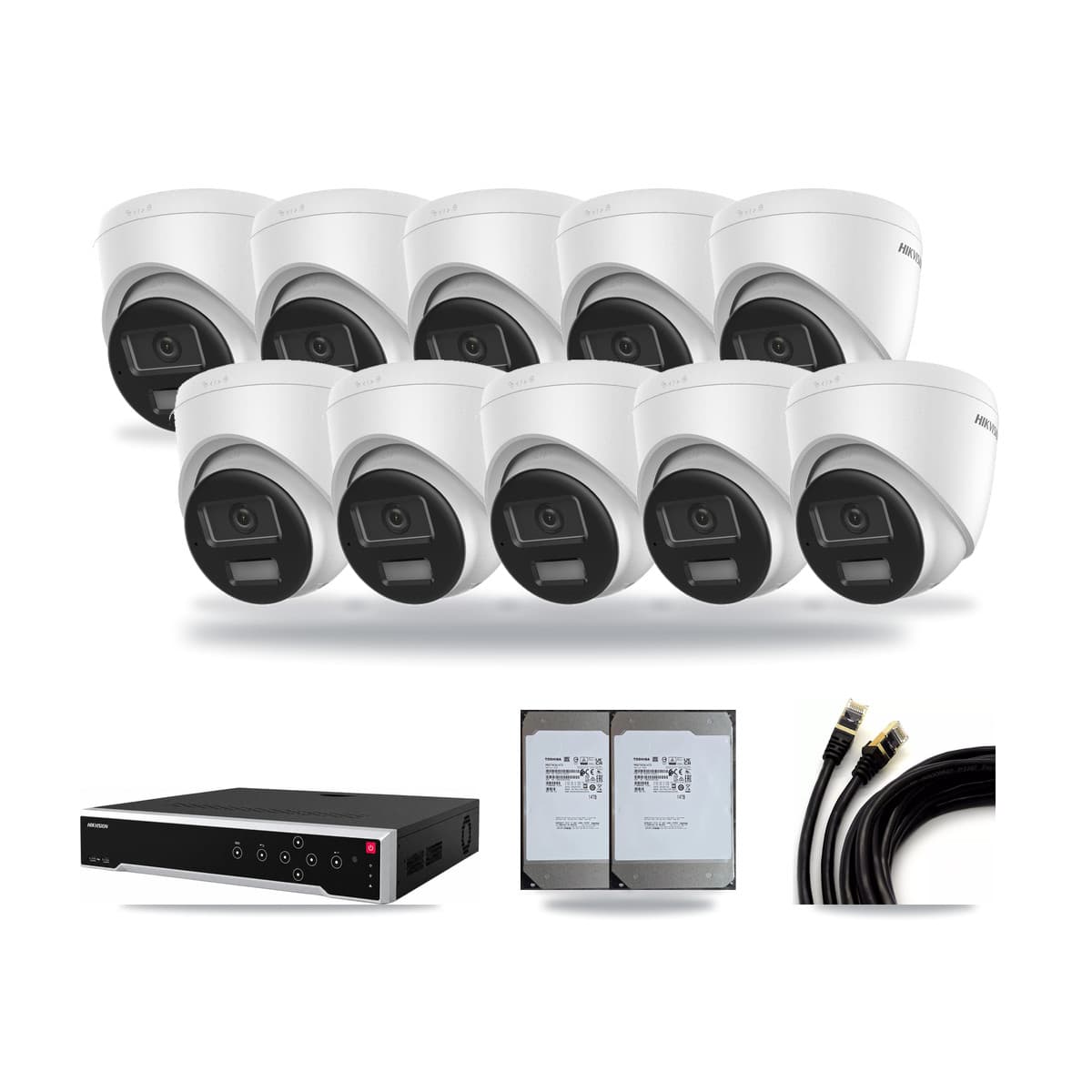 Hikvision 32-Channel 4K CCTV Kit — 10 DS-2CD1383G2-LIUF/SL Turret Cameras + 2× 14TB Recording (DS-7732NI-M4/24P Recorder) - Image 1