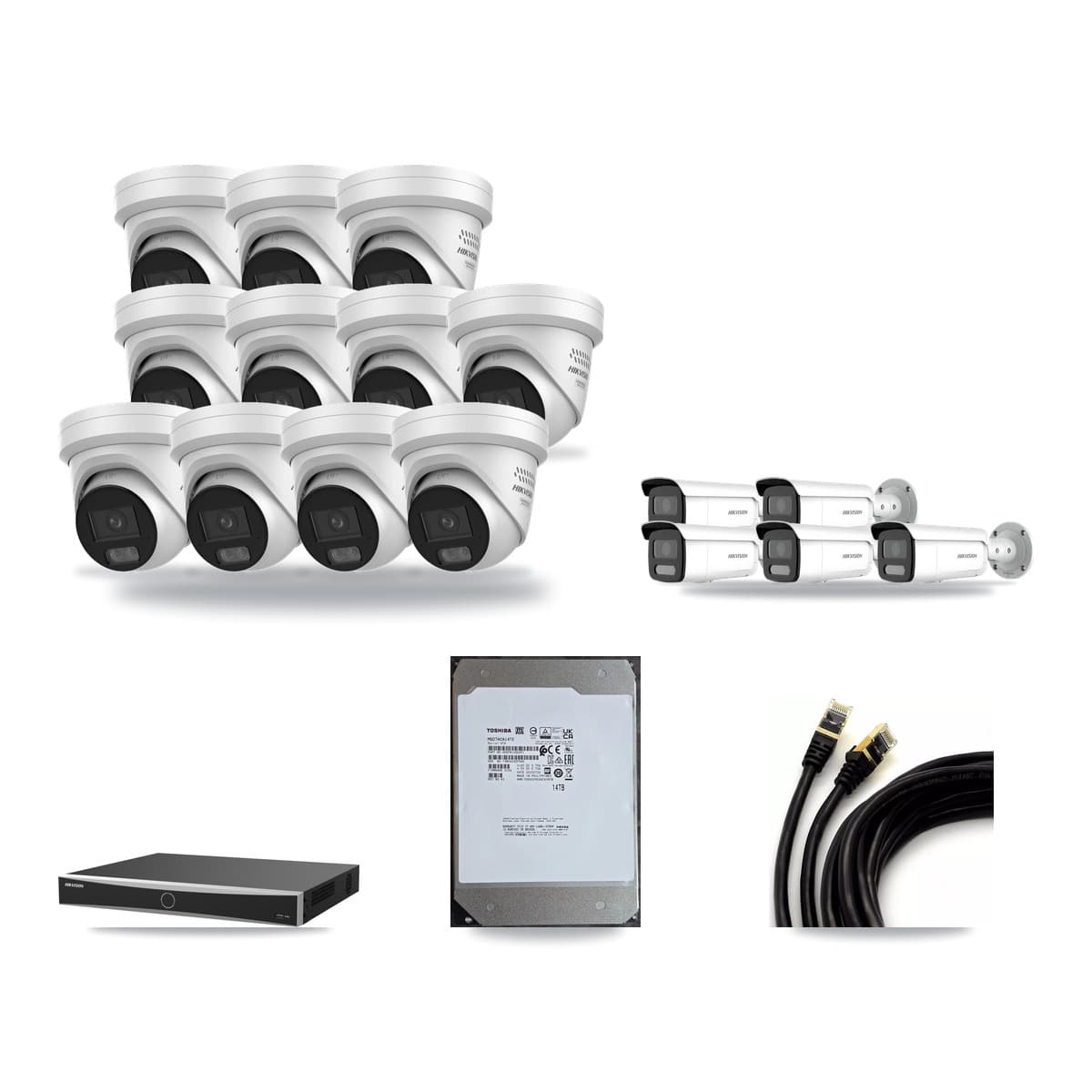 Hikvision 16-Channel 4MP CCTV Kit — 11 DS-2CD2347G3 Turret + 5 DS-2CD2T47G2H Bullet Cameras + 14TB Recording - Image 1