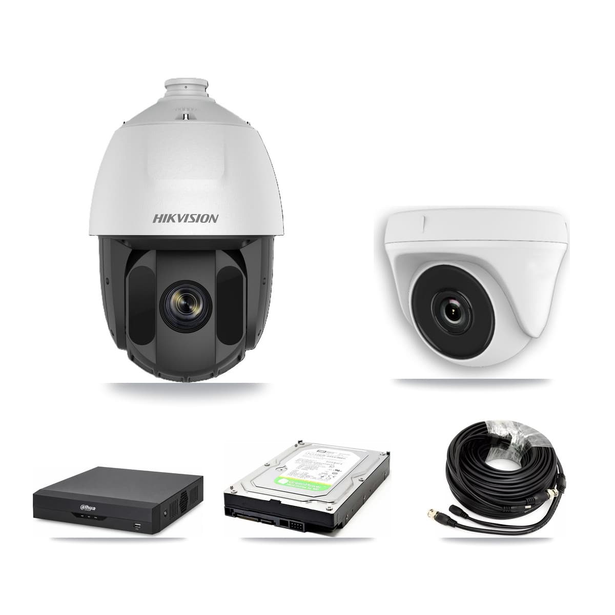 Hikvision & Dahua 4-Channel 2MP CCTV Kit — 1 DS-2AE5225TI PTZ + 1 White HDT-2MP-N20W Dome Cameras + 1TB Recording