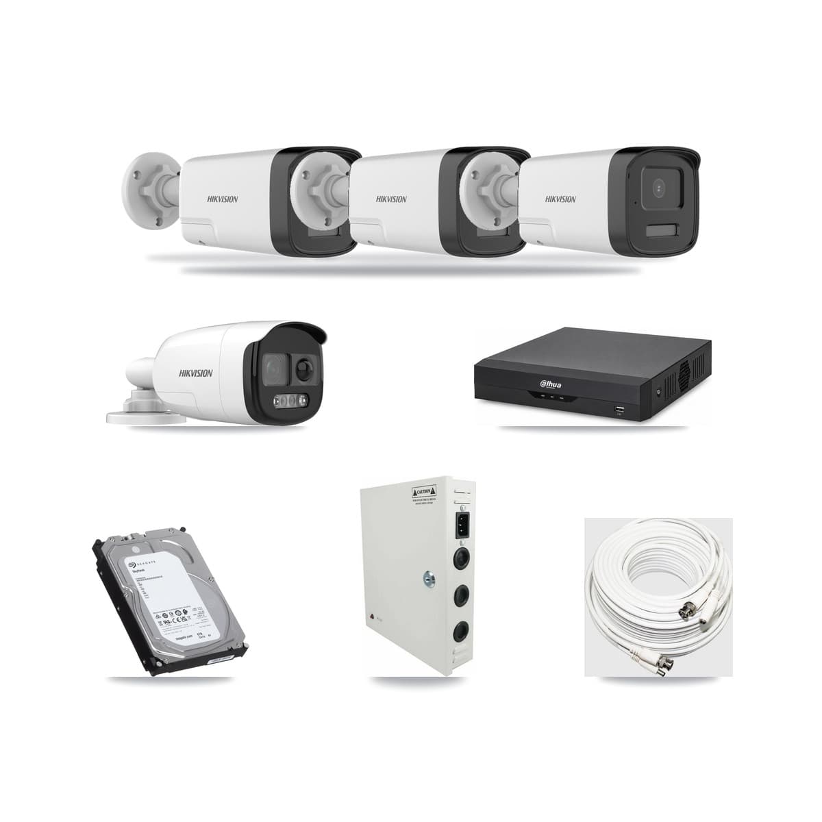 Hikvision & Dahua 4-Channel 5MP CCTV Kit — 1 DS-2CE12KF3T + 3 DS-2CE17K0T Bullet Cameras + 6TB Recording - Image 1