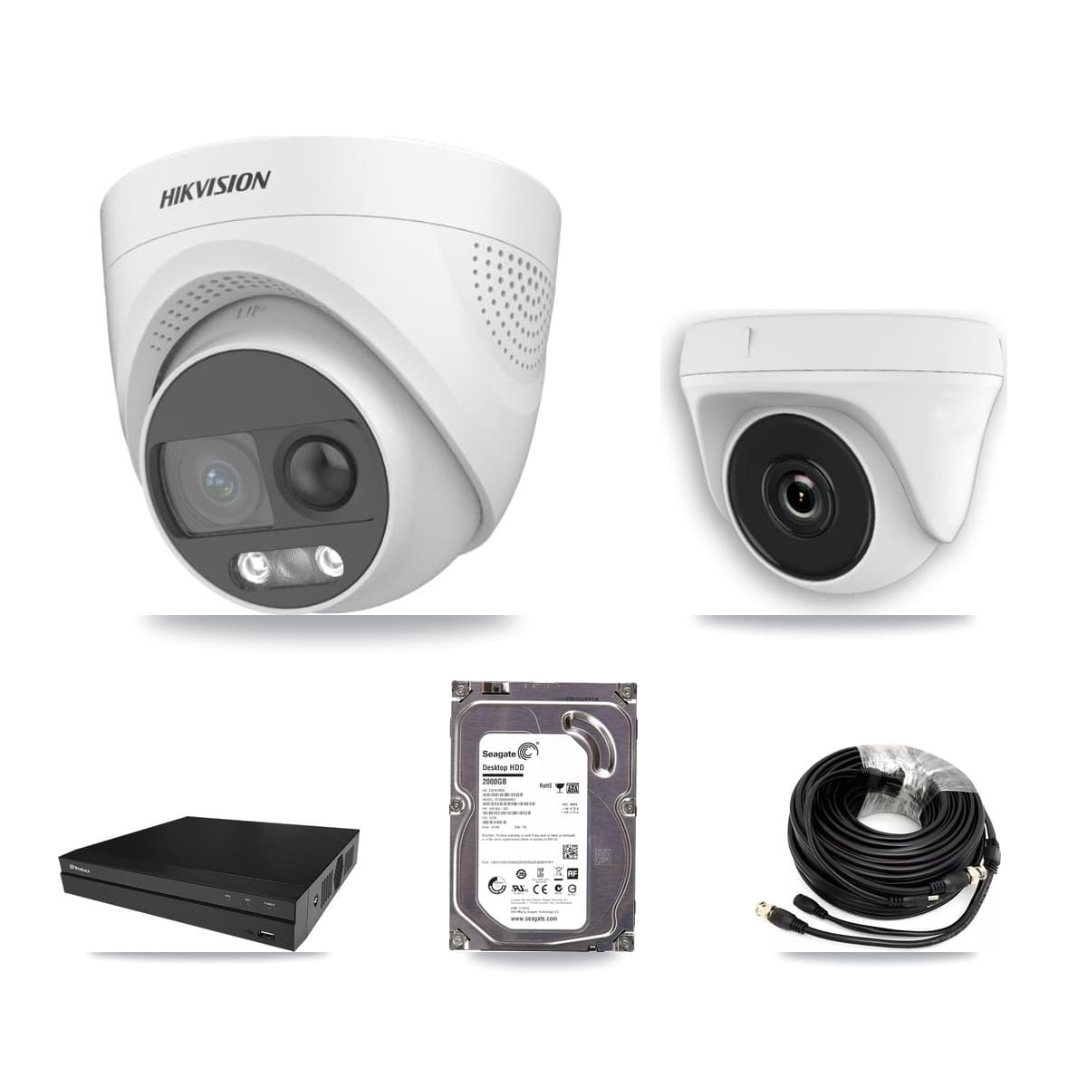 Hikvision & Prolux 8-Channel 2MP – 5MP CCTV Kit — 1 DS-2CE72KF3T 5MP Turret + 1 White HDT-2MP-N20W 2MP Dome Cameras + 2TB Recording (PXD-5208AN Recorder)