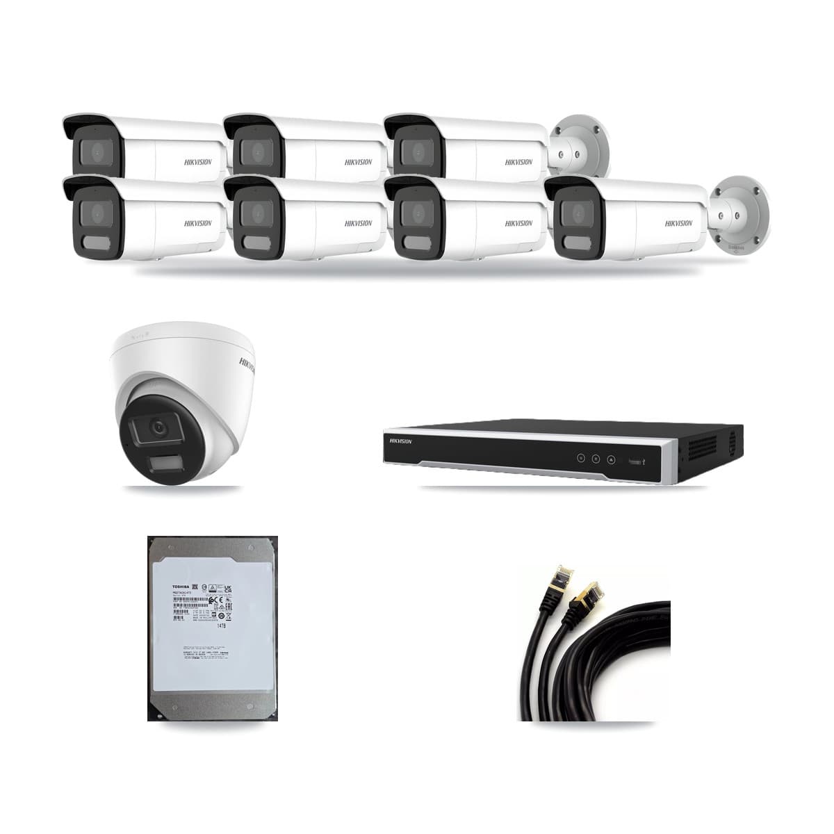 Hikvision 16-Channel 4MP – 4K CCTV Kit — 1 DS-2CD1383G2-LIU 4K Turret + 7 DS-2CD2T47G2H-LISU/SL 4MP Bullet Cameras + 14TB Recording (DS-7616NI-M2/16P Recorder) - Image 1
